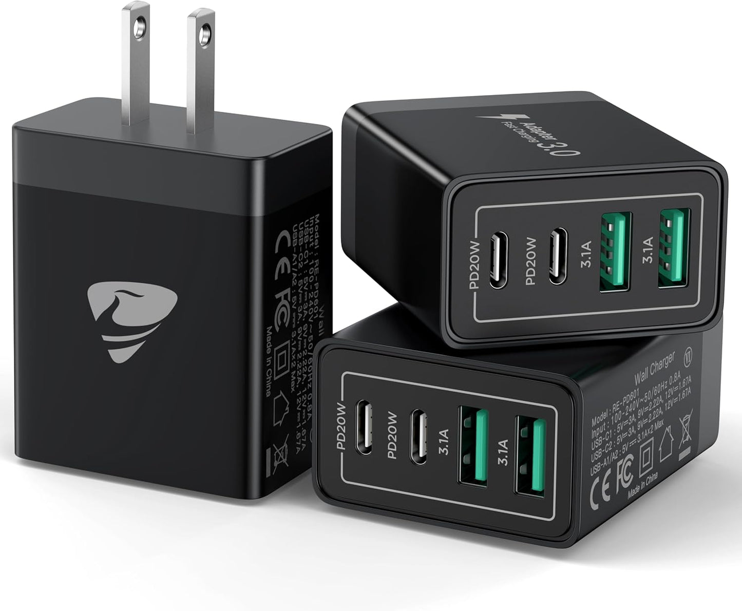 USB C Wall Charger Block 3-Pack, Aiminu 40W 4-Port PD Power Delivery Fast Type C Charging Block Plug Adapter for iPhone 15/14/13/12/11/Pro Max, XS/XR/X, iPad, Android Phones Charger Cube