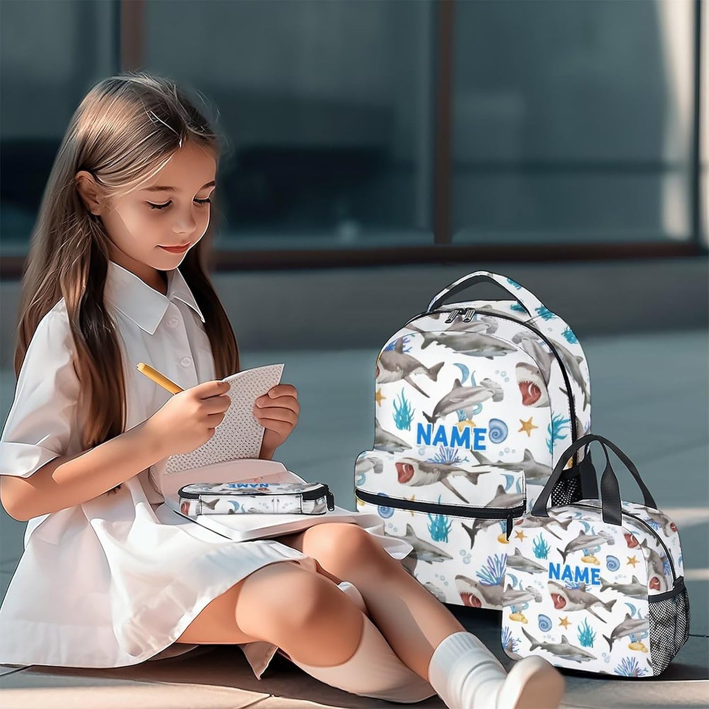 Custom Shark Backpack with Lunch Box, Set of 3 School Backpacks Matching Combo, Cute White Bookbag and Pencil Case Bundle