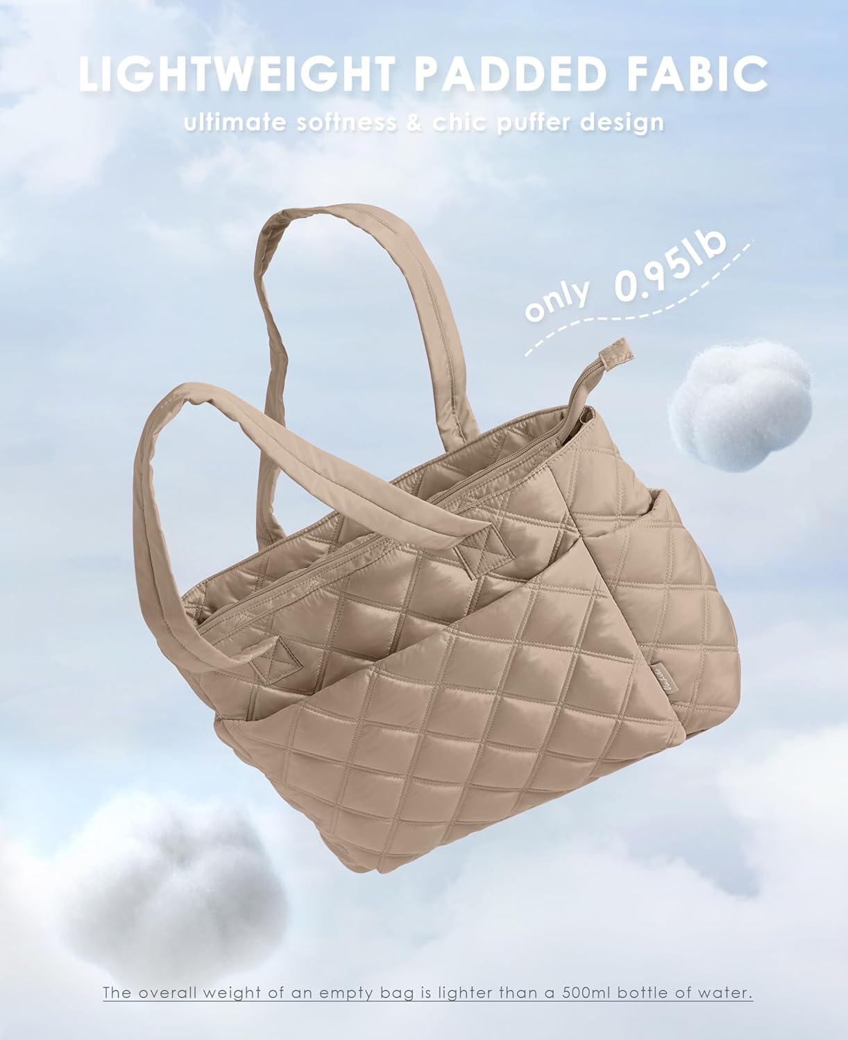 Tote Bag for Women, Lightweight Puffer Tote Work Bags with Compartments for Travel, Quilted Shoulder Bag with Zipper