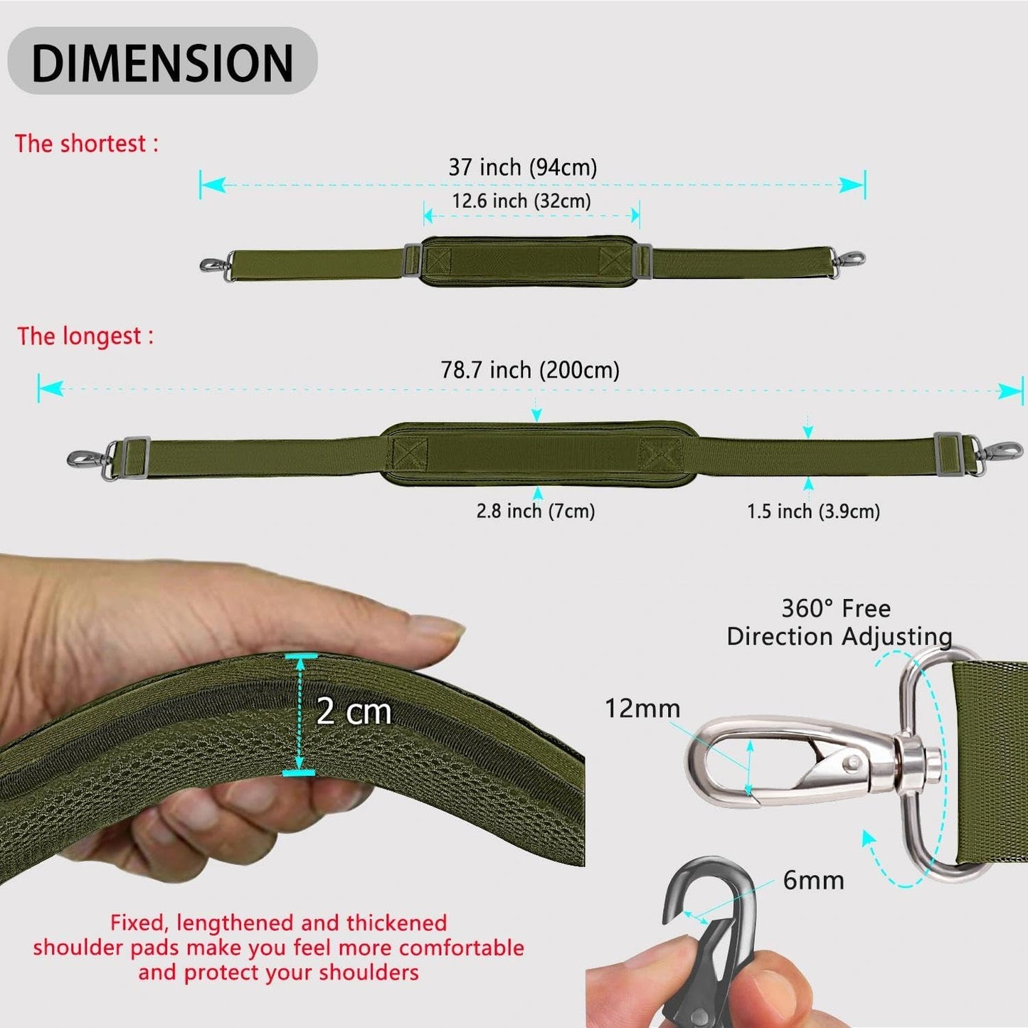 ZINZ 79 inch Shoulder Strap, Extra-thick Fixed Cushion Pad and Dual Clasps Universal Replacement Strap with Metal Swivel Hooks for Laptop Bags, Luggage Bags, Camera, Crossbody(Army Green)
