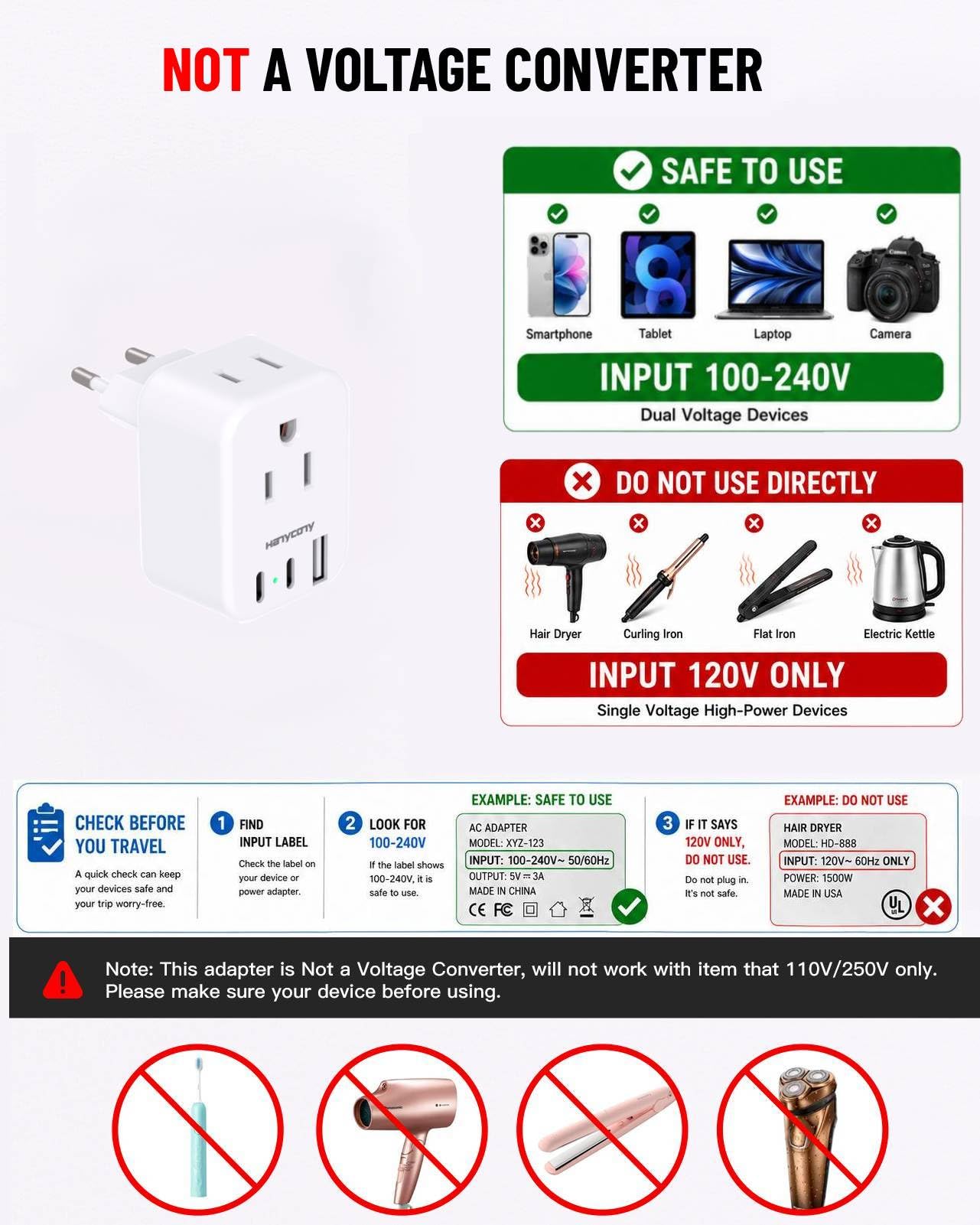 European Travel Plug Adapter, International Power Adapter, US to Europe