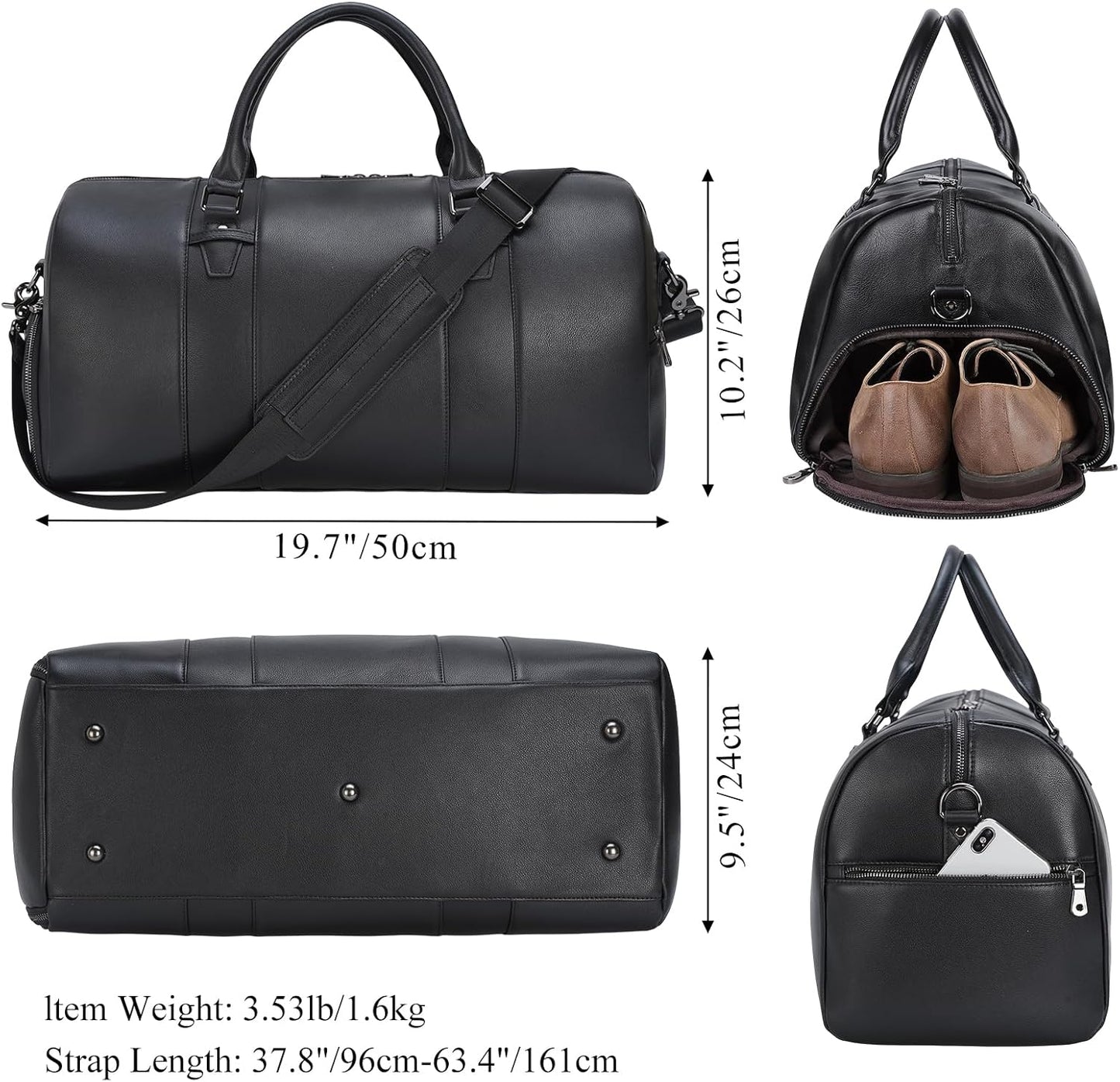 Masa Kawa Black Leather Duffle Bag for Travel Men, 31L Carry On Waterproof Foldable Duffel Bag with Shoe Compartment for Gym, Sports, Overnight Weekender Camping