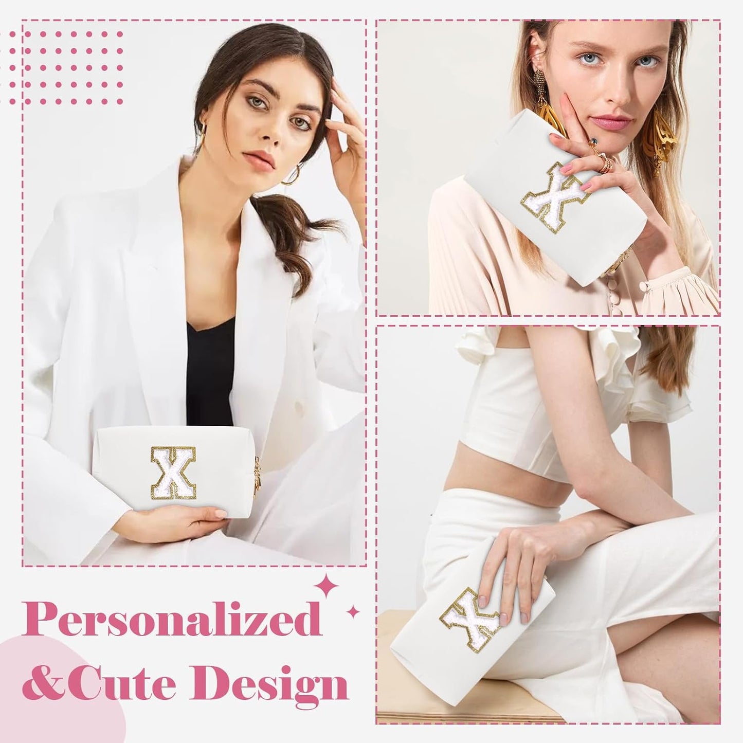 Small Personalized Initial A-Z Preppy Patch Makeup Bag,White PU Chenille Letter Travel Cosmetic Pouch with Zipper,Cute Toiletry Bag,Gift Ideal for Teen Girls Women Teacher Bridesmaid,Letter X