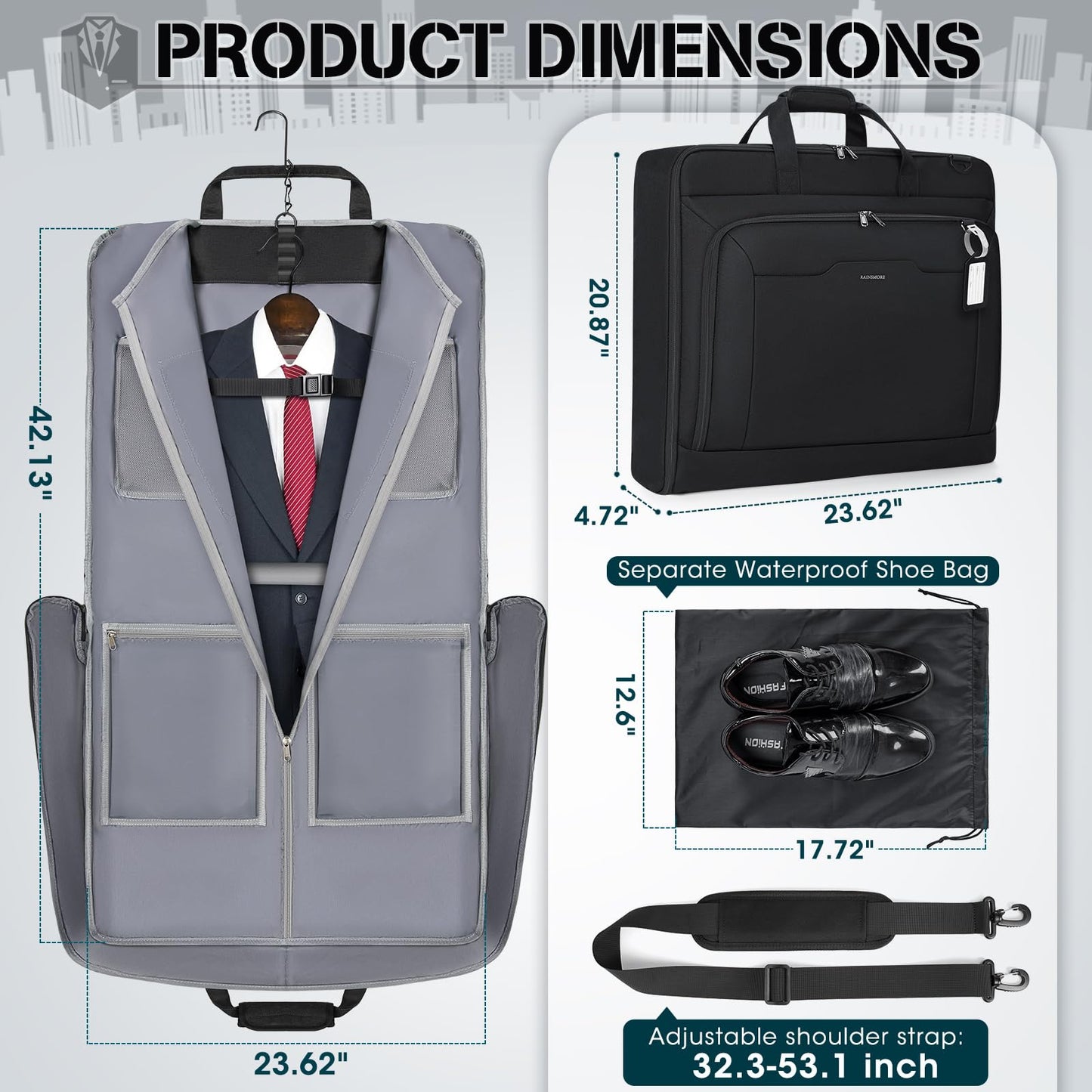 RAINSMORE Garment Bags for Travel Carry On Garment Bag for Hanging Clothes, Suit Bag for Business