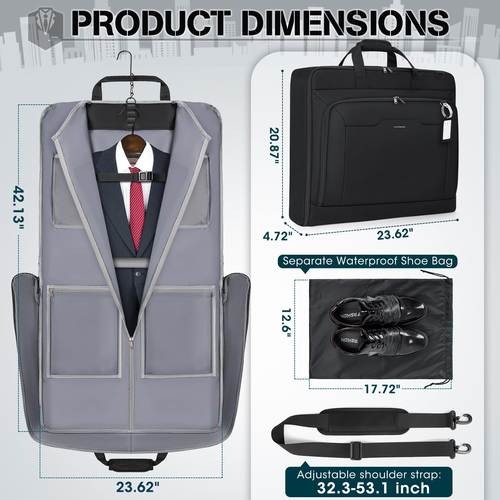 RAINSMORE Garment Bags for Travel Carry On Garment Bag for Hanging Clothes, Suit Bag for Business