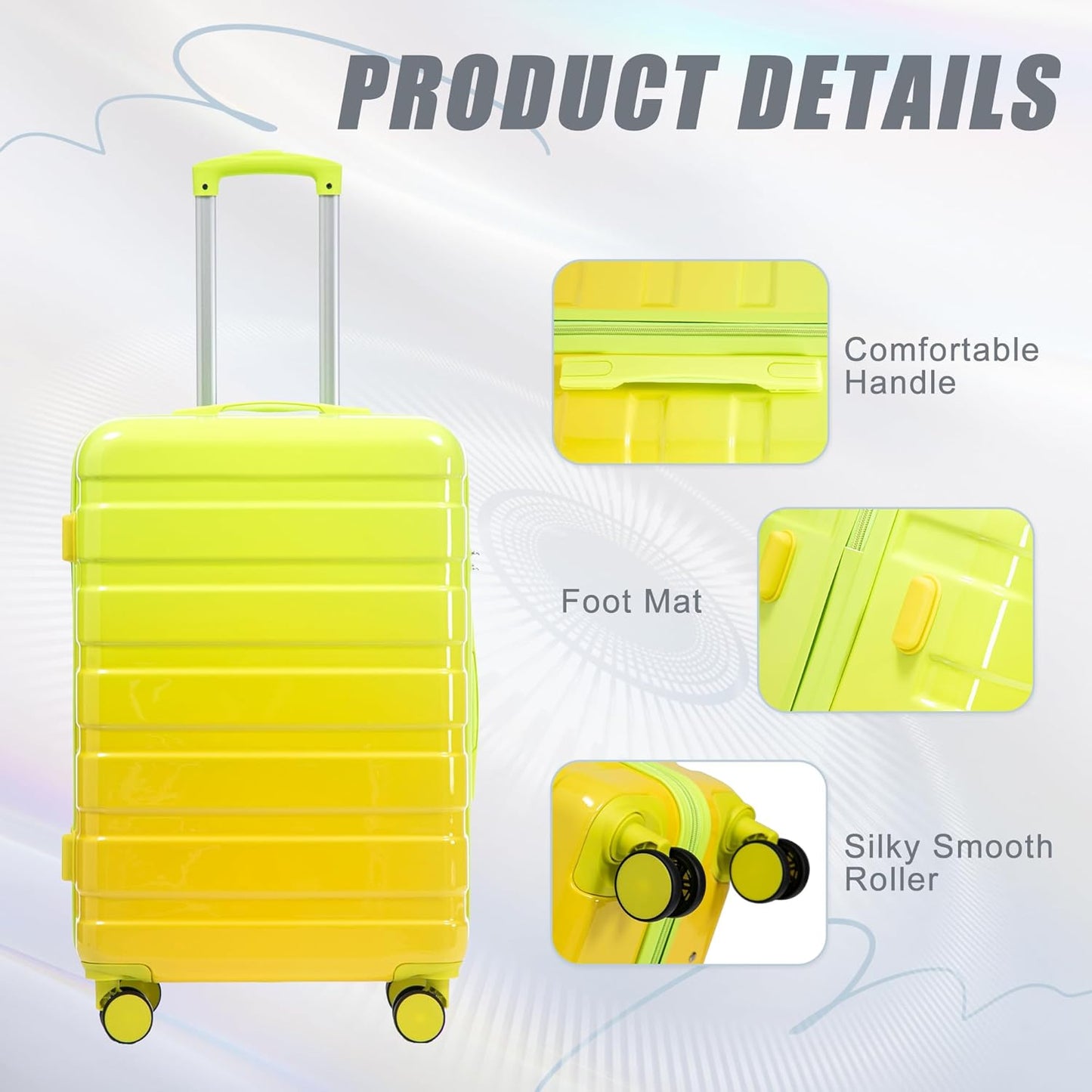 Campfun 3 Piece Luggage Sets, PC Gradient Color Suitcase Set with Double Spinner Wheels Hang Hook, Durable Carry On Luggage with Combination Lock, 20/24/28 inch, Green+Yellow