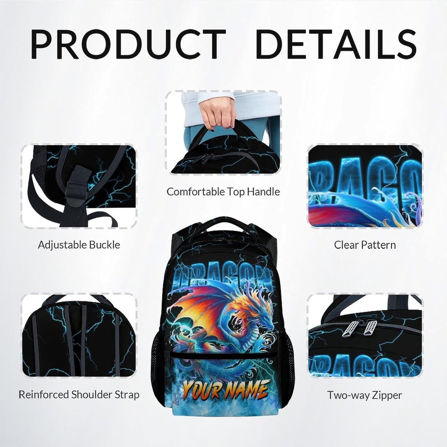 School Backpack Set, Dragon Backpacks for Boys, Personalized Bookbag with Name, 17 Inch Custom