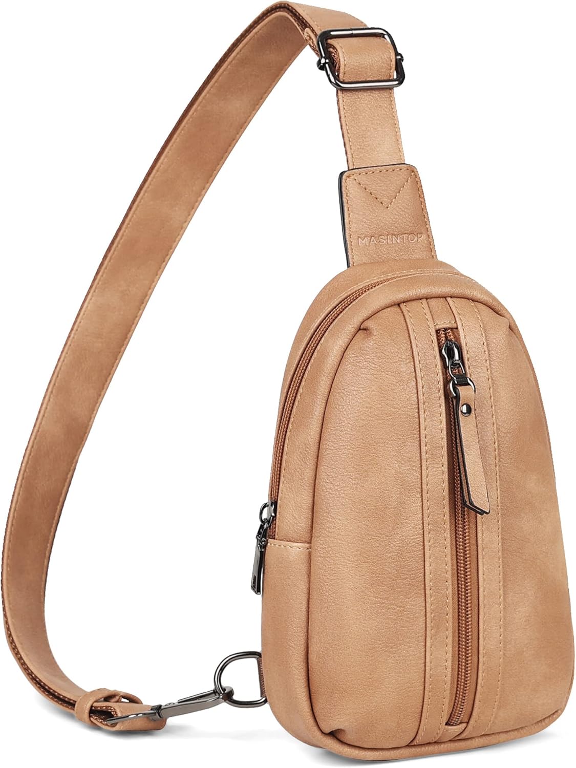MASINTOR Small Sling Bag for Women and Men - Vegan Leather Crossbody Fanny Pack with Multiple Compartments for Everyday Use Camel Brown