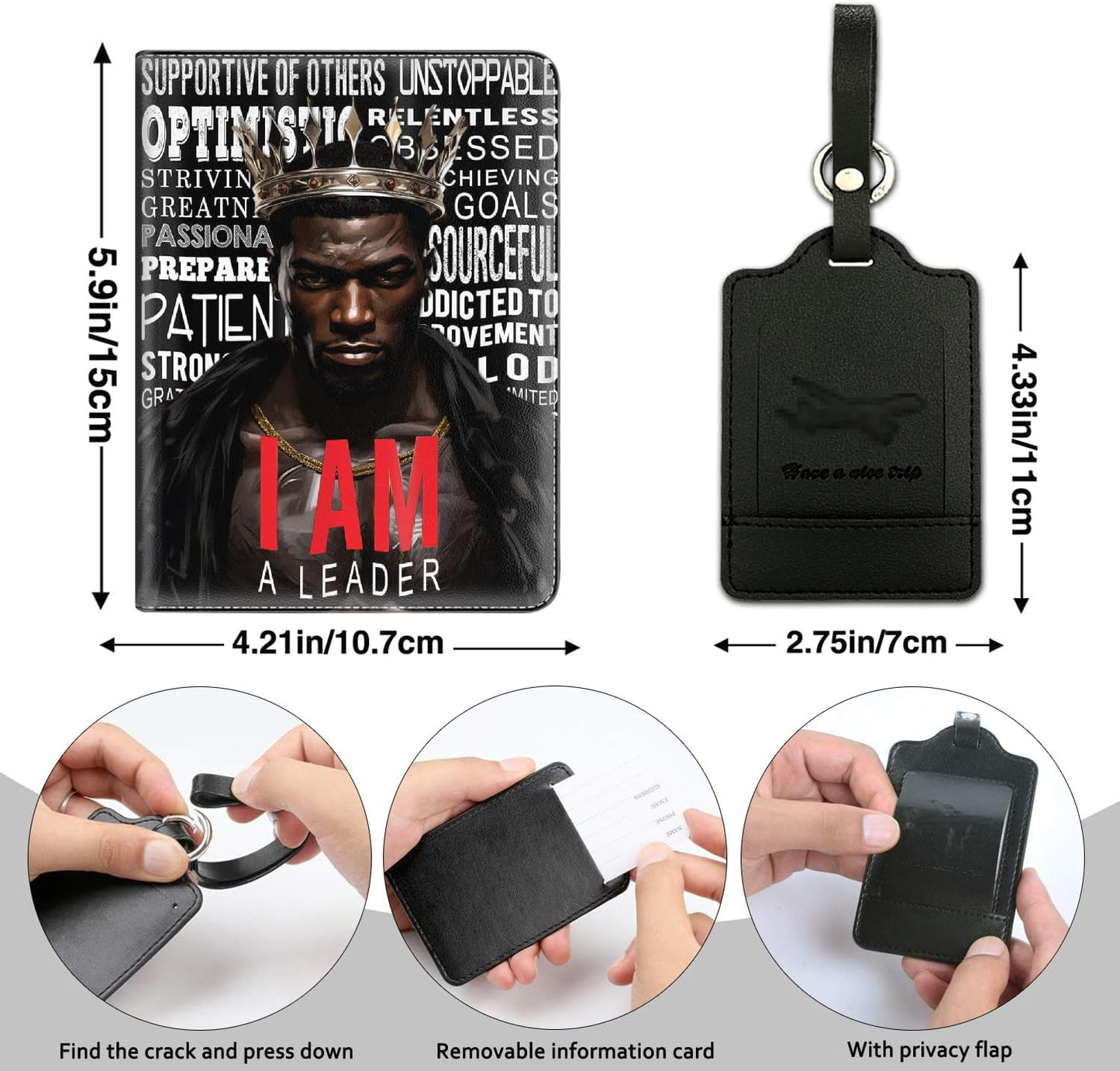 Passport Holder Women Wallet with Luggage Tag, Leather Passport Cover with RFID Blocking, Travel Accessories Multi Card Slot Passport Case for Men，Black Crown King