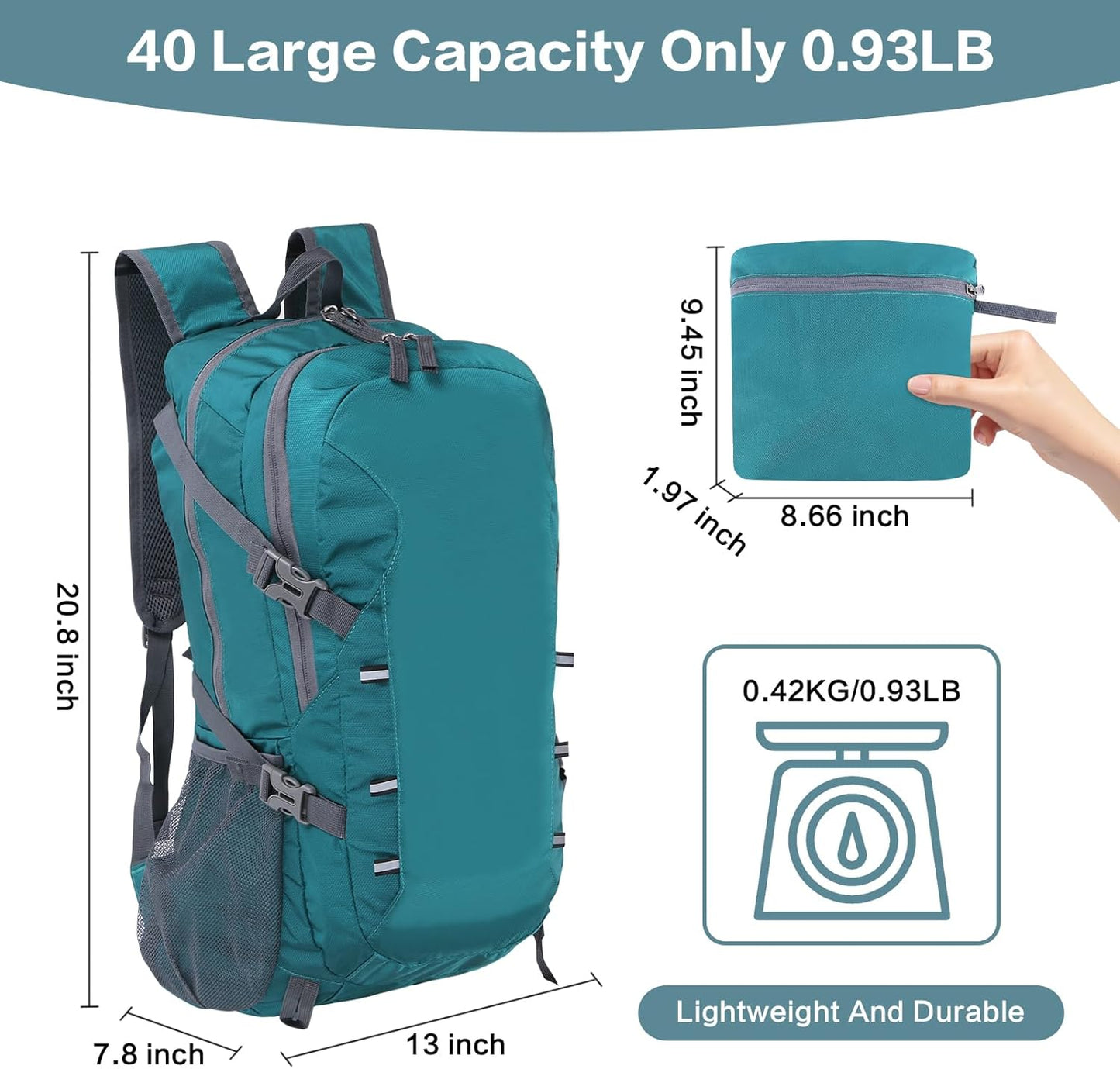 40L Hiking Backpack, Lightweight Foldable Hiking Daypack with Wet Pocket, Waterproof Travel Camping Bag for Men Women
