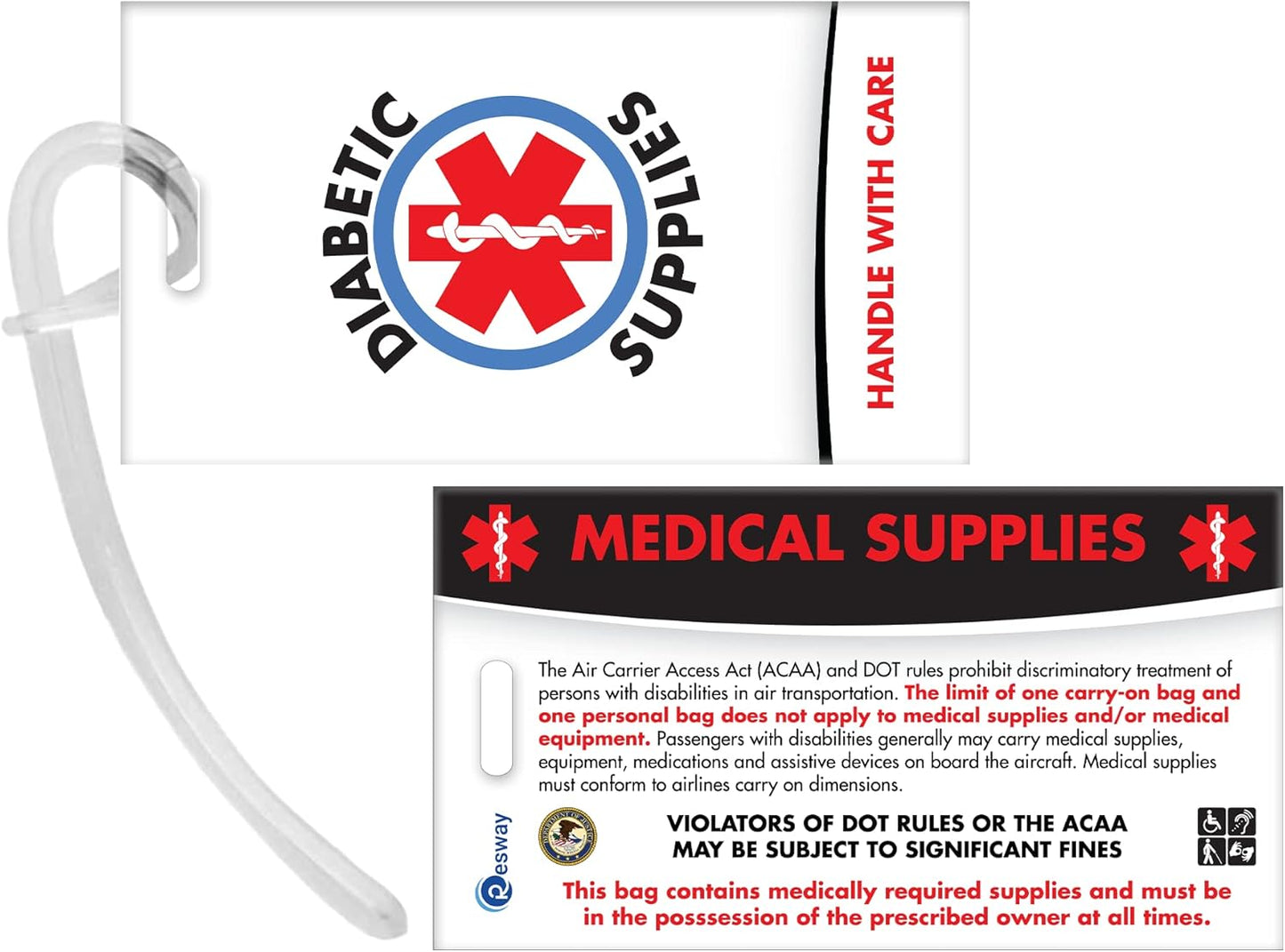 Diabetic Supplies ID Identification Luggage Tag | White | Medical Alert | Insulin Medical Equipment | Handle with Care | Bag Tag | Luggage Gift