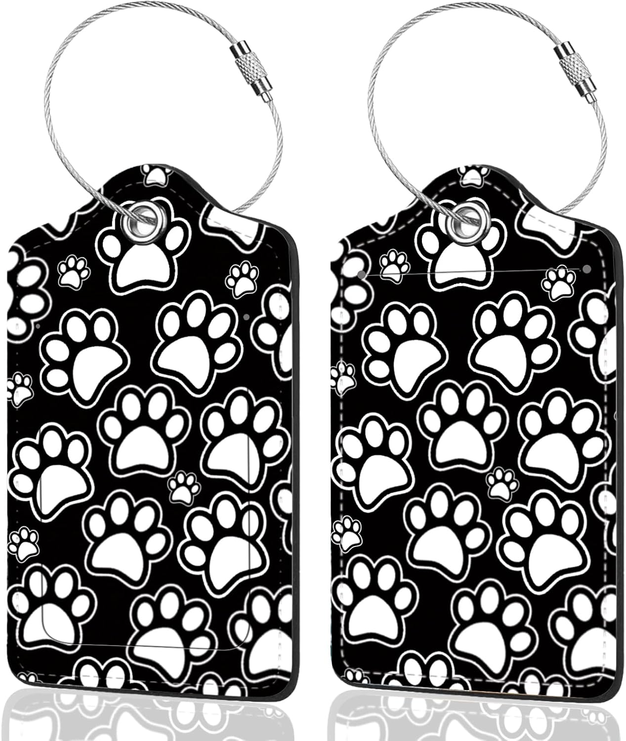 2Pack Luggage Tags for Suitcases, Cute Unique Pu Leather Cruise Luggage Tag with Privacy Cover ID Label Address Card and Metal Ring Suitable for Women Men Kids Travel Bag Black and White paw Print