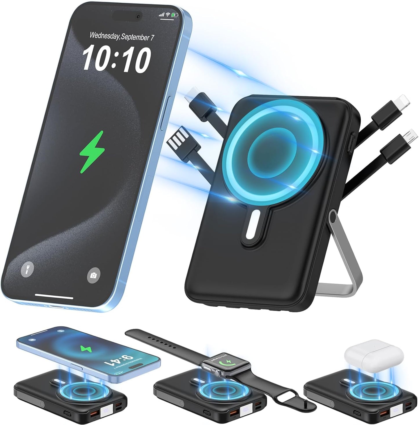 Wireless Portable Charger 10000mAh,3-in-1 Magnetic Power Bank with Built-in Cables LED Display,22.5W Fast Charging Mag-Safe Battery Pack for iPhone 15/14/13/12, Apple Watch Series, Airpods (Black)