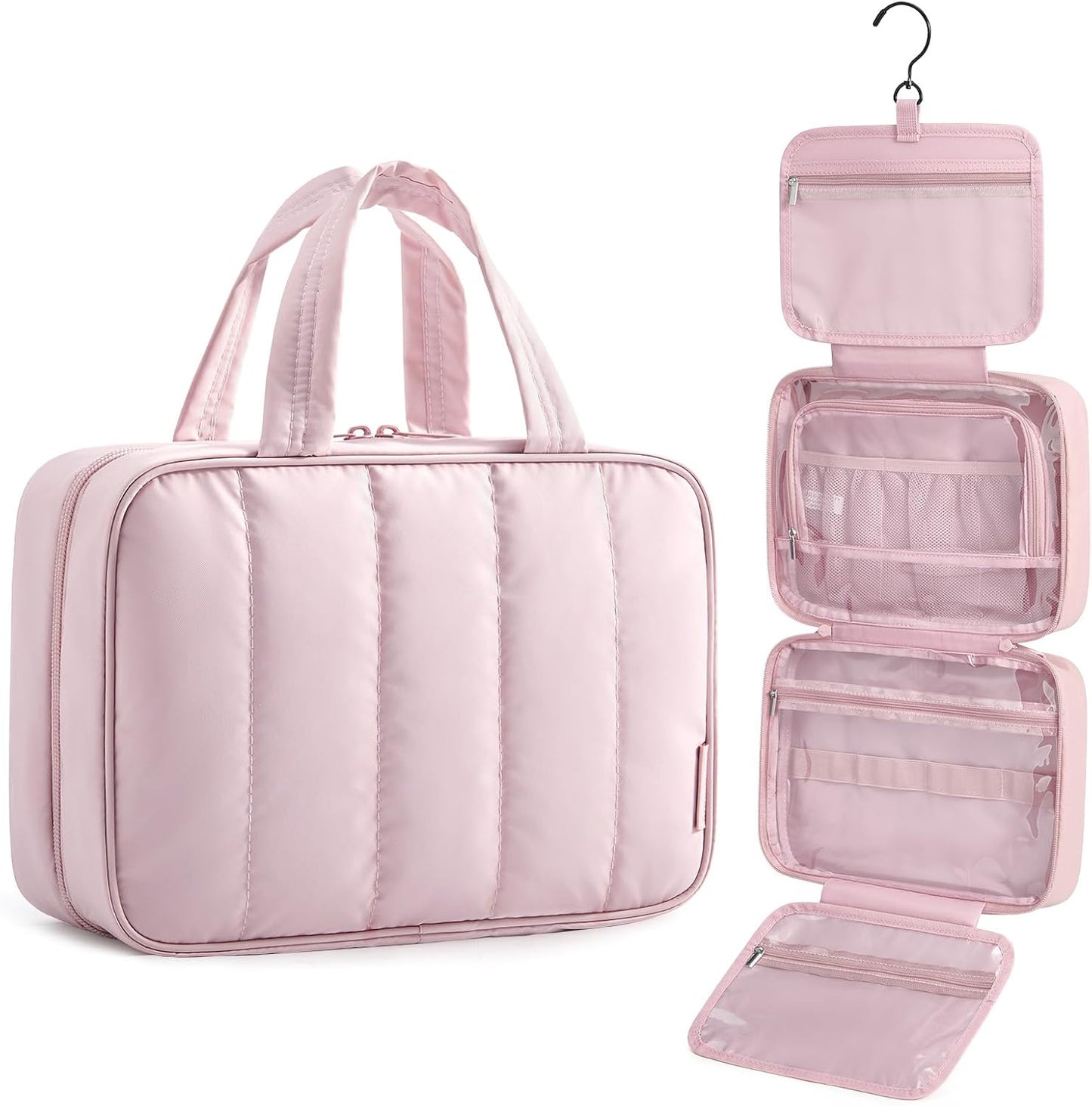 BAGSMART Travel Toiletry Bag for women, Portable Hanging Hook Makeup Bag Organizer, Waterproof Makeup Cosmetic Bag, for Full-Size Accessories, Toiletries, Pink