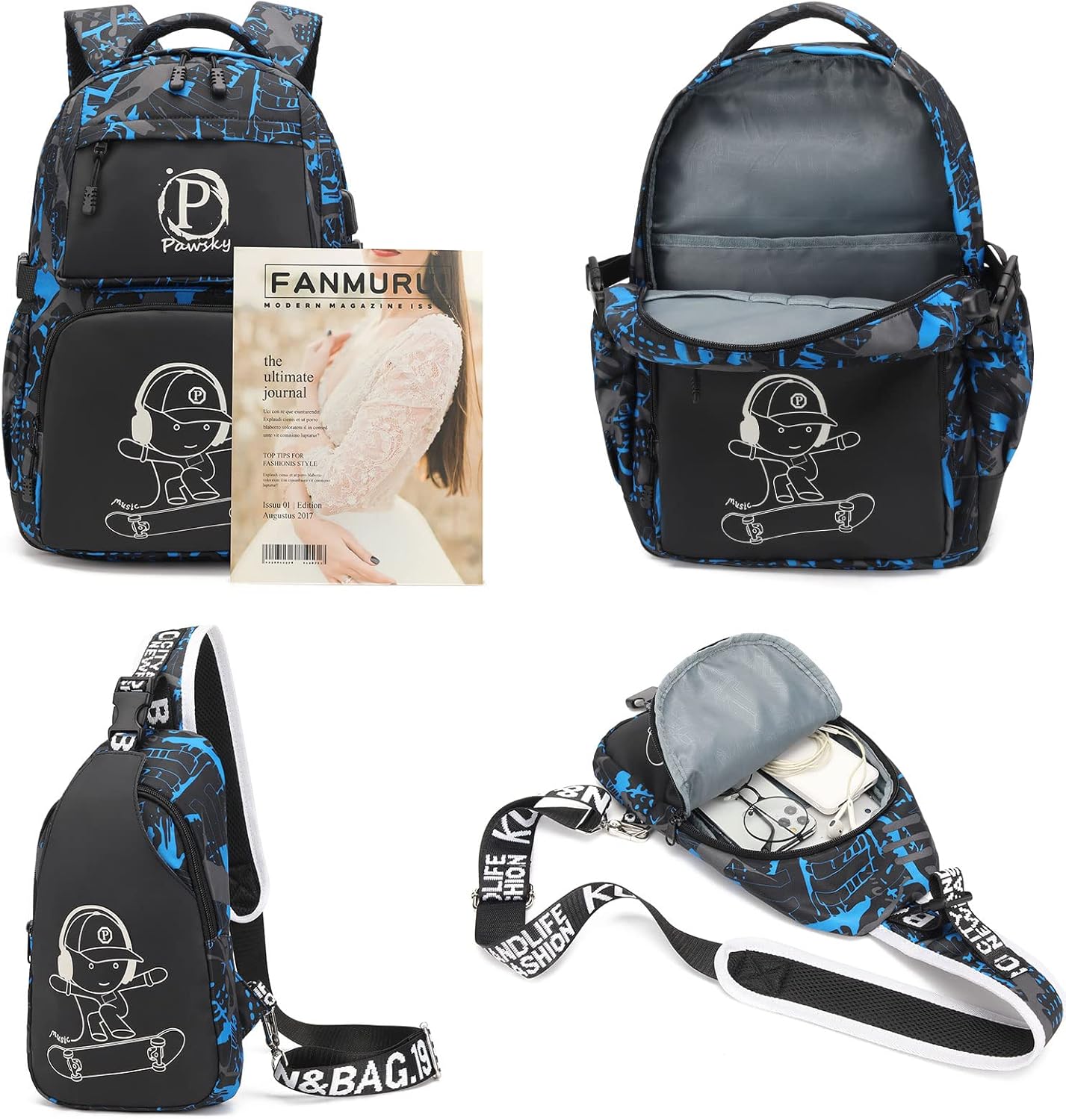 Skateboard Anime Luminous Backpack School Backpack with USB Charging Port for Teen Boys, College School Bookbag Lightweight Laptop Bag with Sling Bag Set, Blue