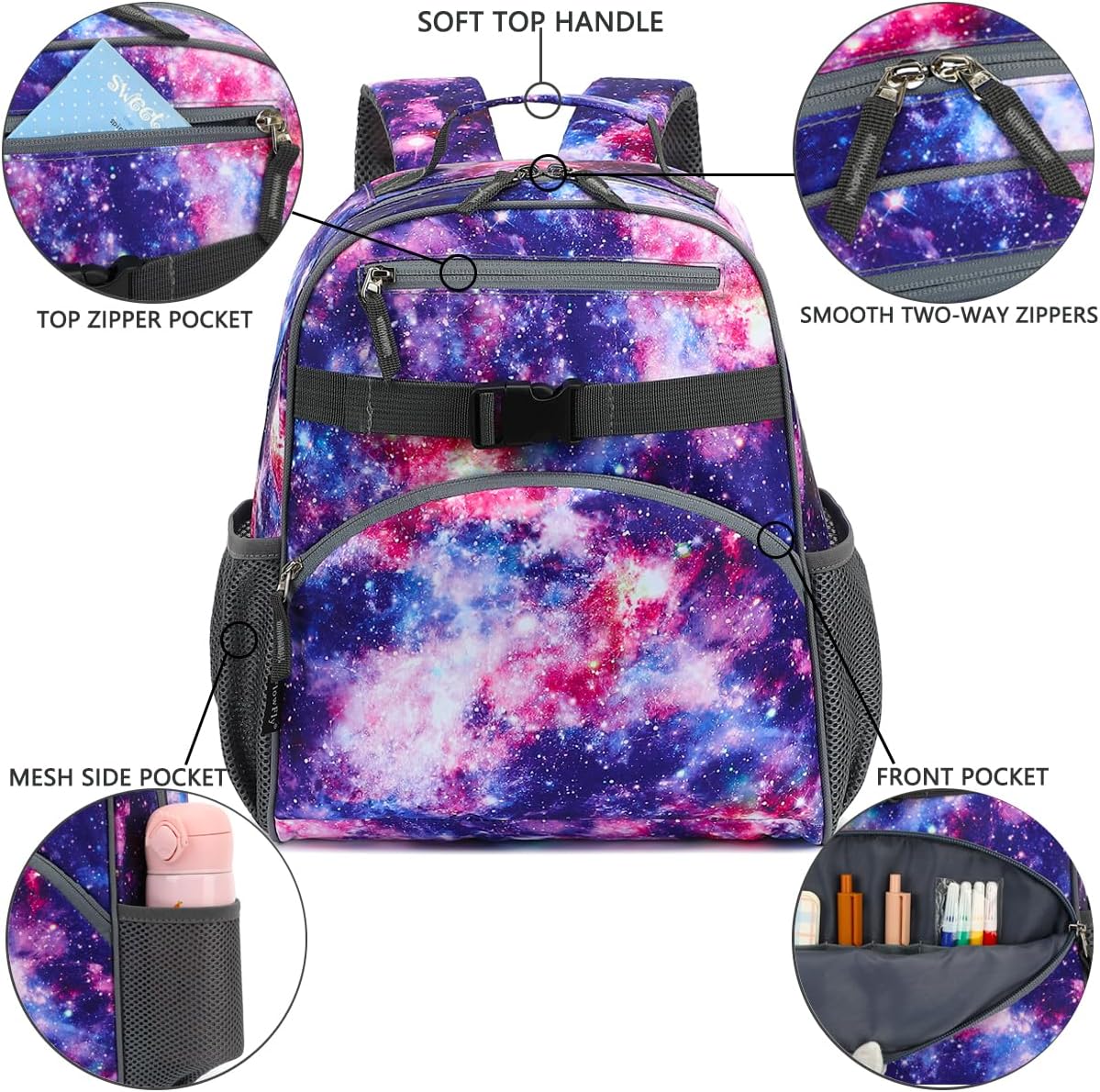 FlowFly Kids Backpack for Toddler Boys Girls, Simple Lightweight Bookbag for Daycare Kindergarten Elementary School Travel, Small Modern Bag (Medium 15''), Galaxy