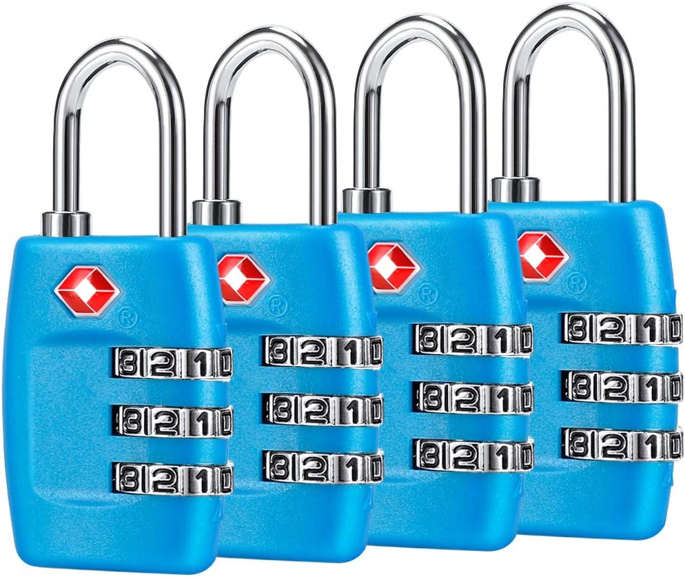 TSA Luggage Locks (4Pack) - 3 Digit Combination Padlocks - Approved Travel Lock for Suitcases & Baggage (Blue)
