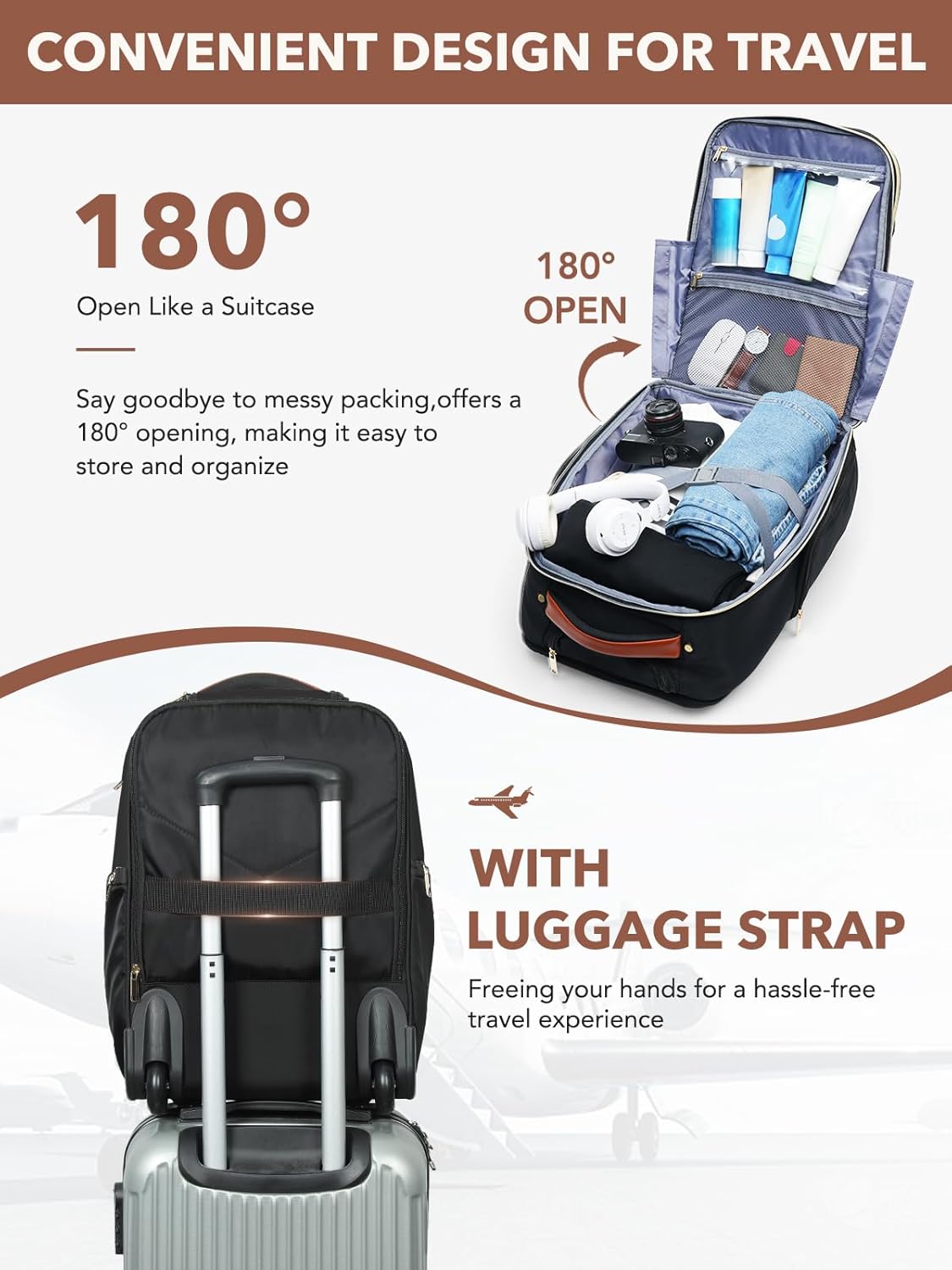 Rolling Backpack for Women, Large Travel Backpack with Wheels Carry on Flight Approved, 17 Inch Laptop Wheeled Roller Bag Suitcase Luggage for Work Bussiness Weekender (Black,L Underseat Size)