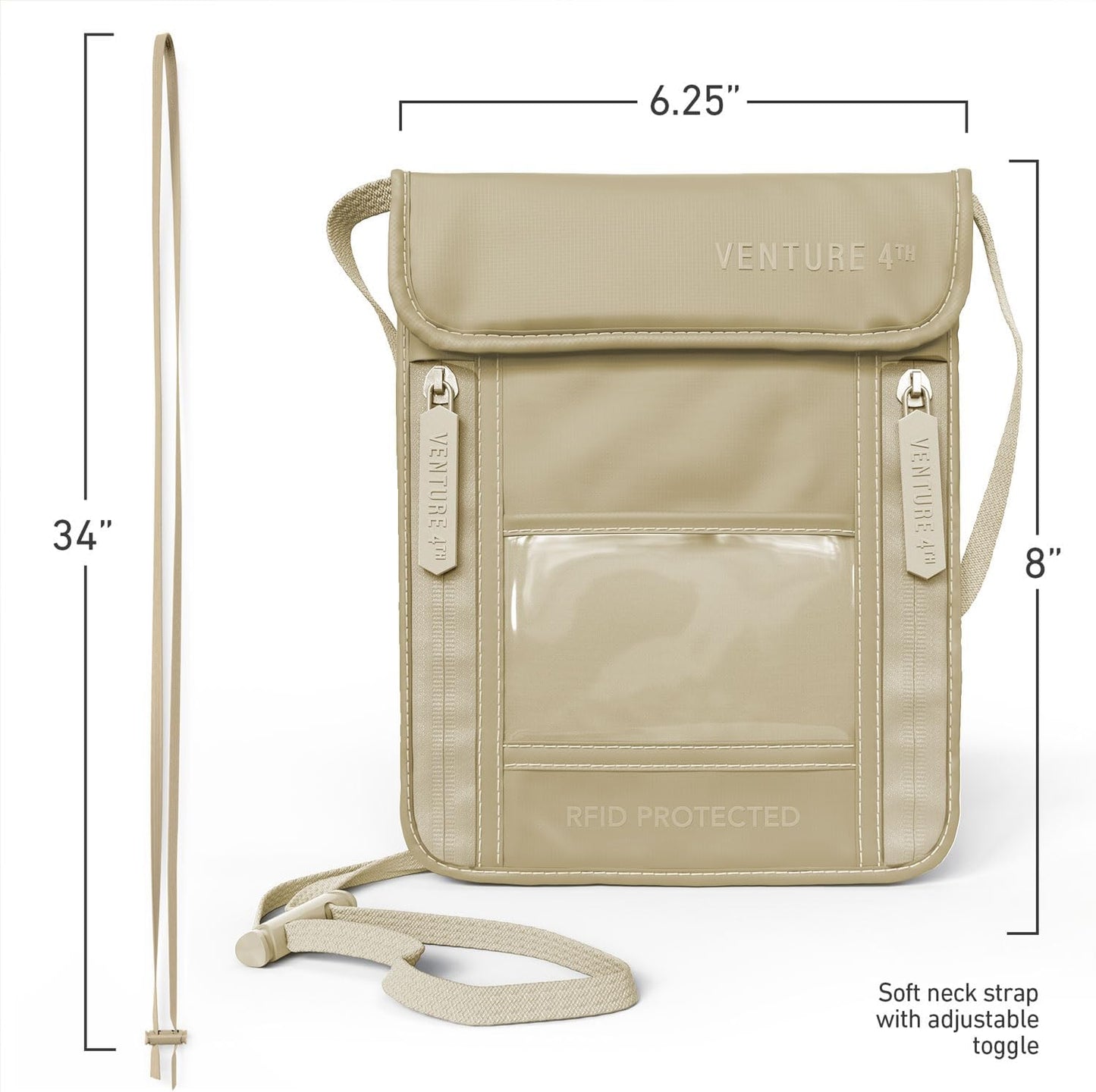 VENTURE 4TH Neck Wallet, RFID Blocking Passport Holder for Travel – Hidden Neck Pouch with 5 Compartments, Slim Lightweight Organizer with Adjustable Strap for Cash, Cards & Passport (Sleek Beige)
