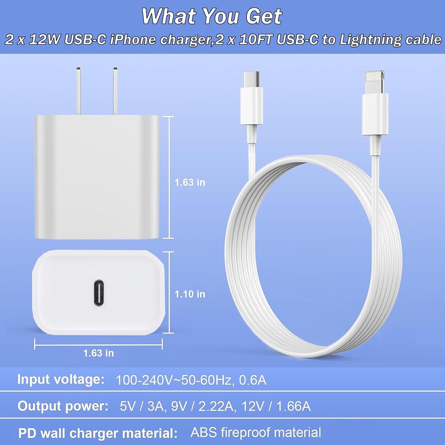 For iPhone Fast Charger, [Apple MFi Certified] 2 Pack PD USB C Wall Charger Block Plug with 10FT Extra Long USB C to Lightning Fast Charging Data Sync Cable for iPhone 14 13 12 11 XR X 8 iPad and More
