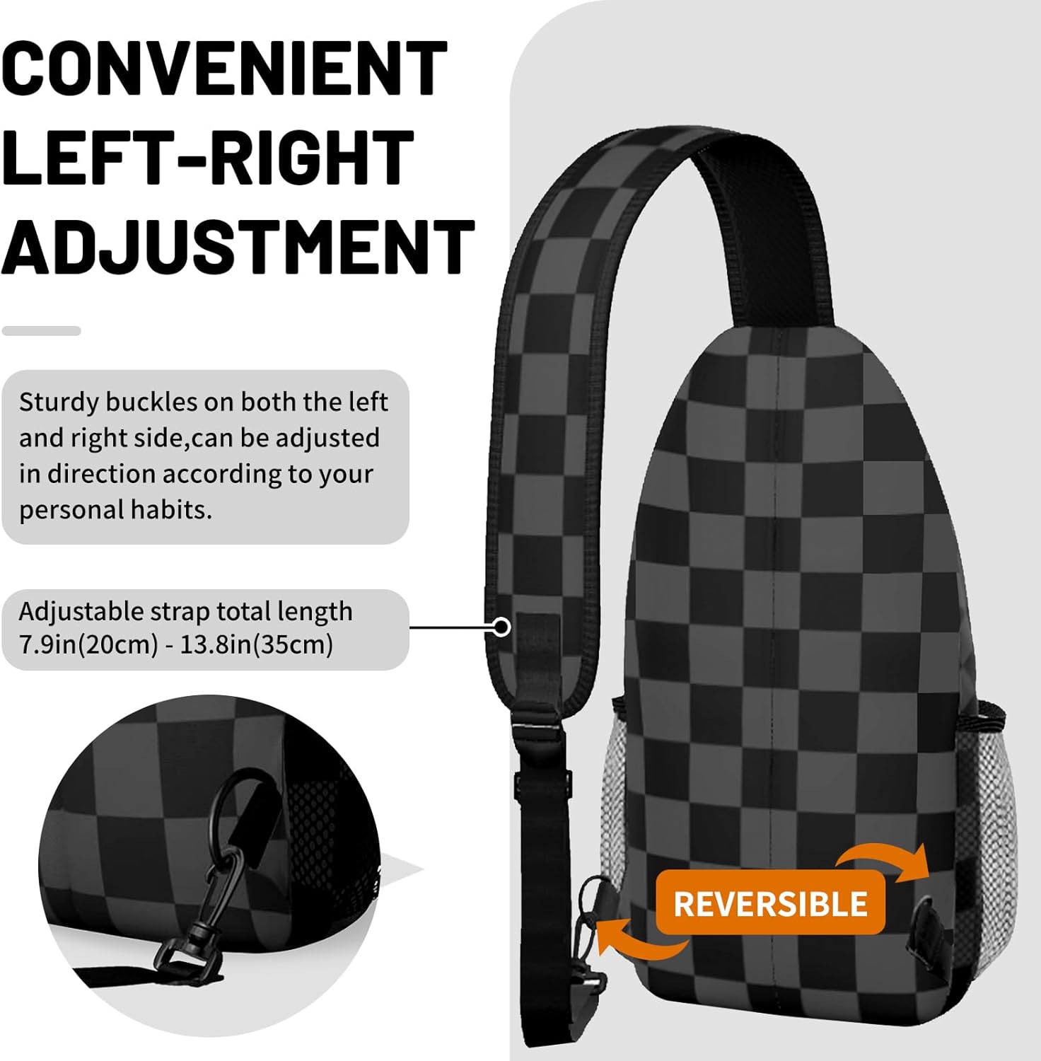 Gray Black Checkered Sling Bag Crossbody Chest Bag for Women Men,Water Resistant Lightweight Casual
