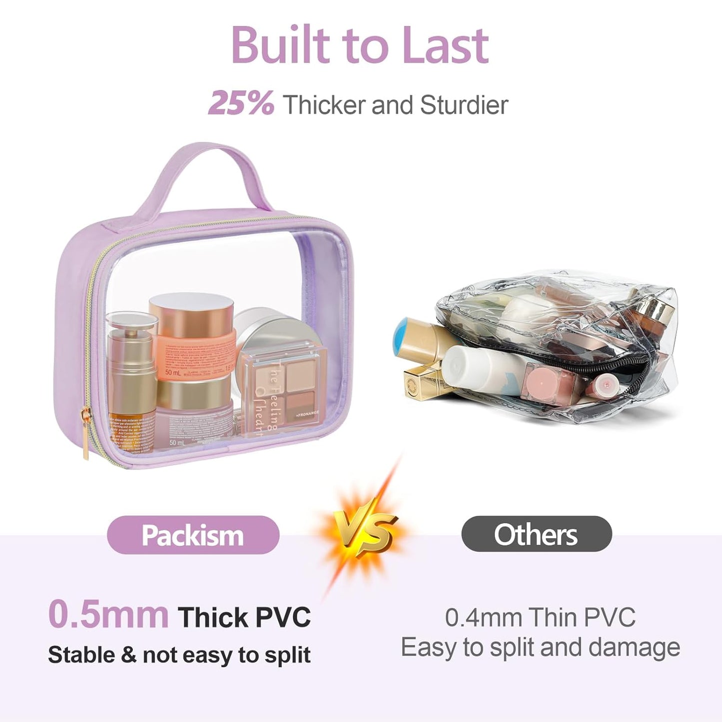 PACKISM Clear Makeup Bag - 2 Pack TSA Approved Toiletry Bag with Handle and 180° Large Opening