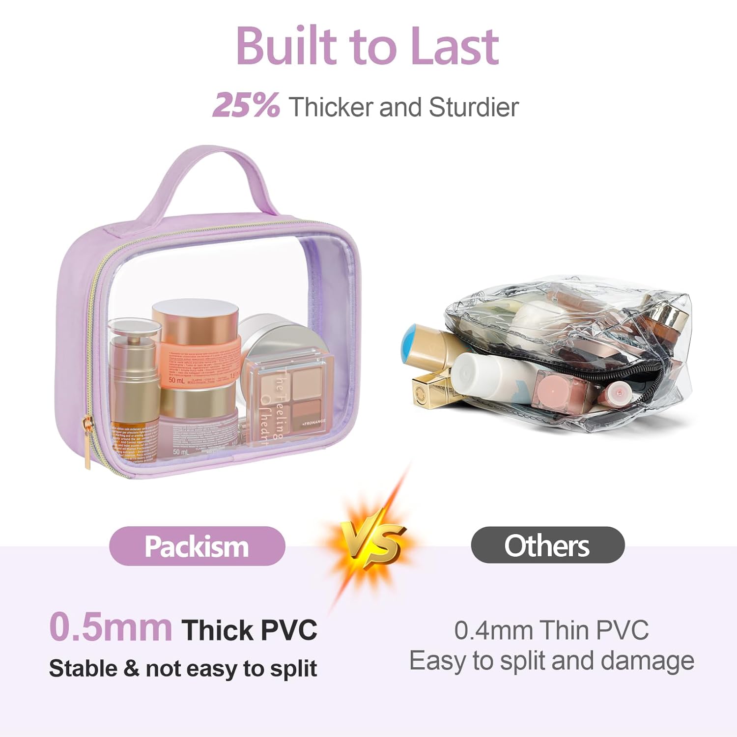 PACKISM Clear Makeup Bag - 2 Pack TSA Approved Toiletry Bag with Handle and 180° Large Opening