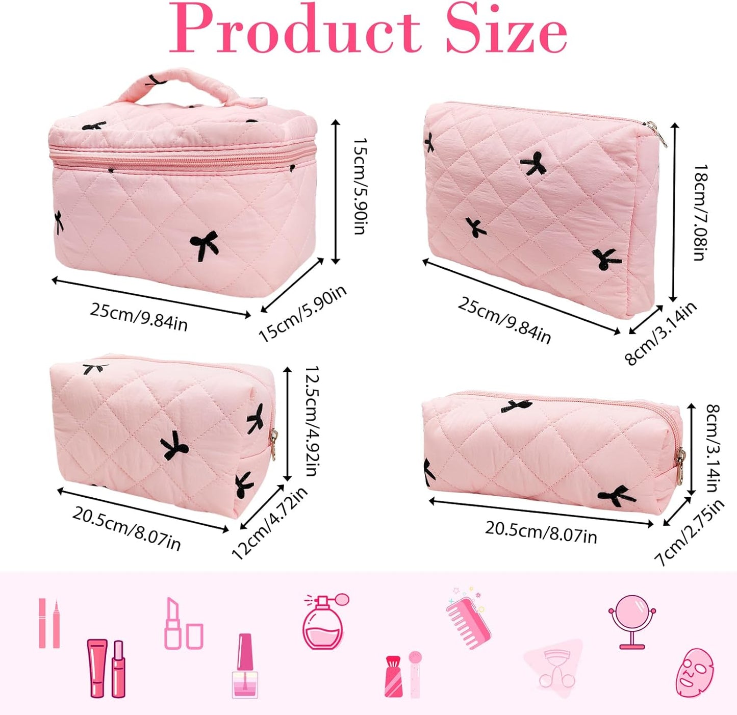 Quilted Cosmetic Bag Large Capacity Travel Cosmetic Bag for Women and Girls Aesthetic Storage for Daily and Travel Use Pink Bowknot 4pcs Pink Embroidery Bowknot
