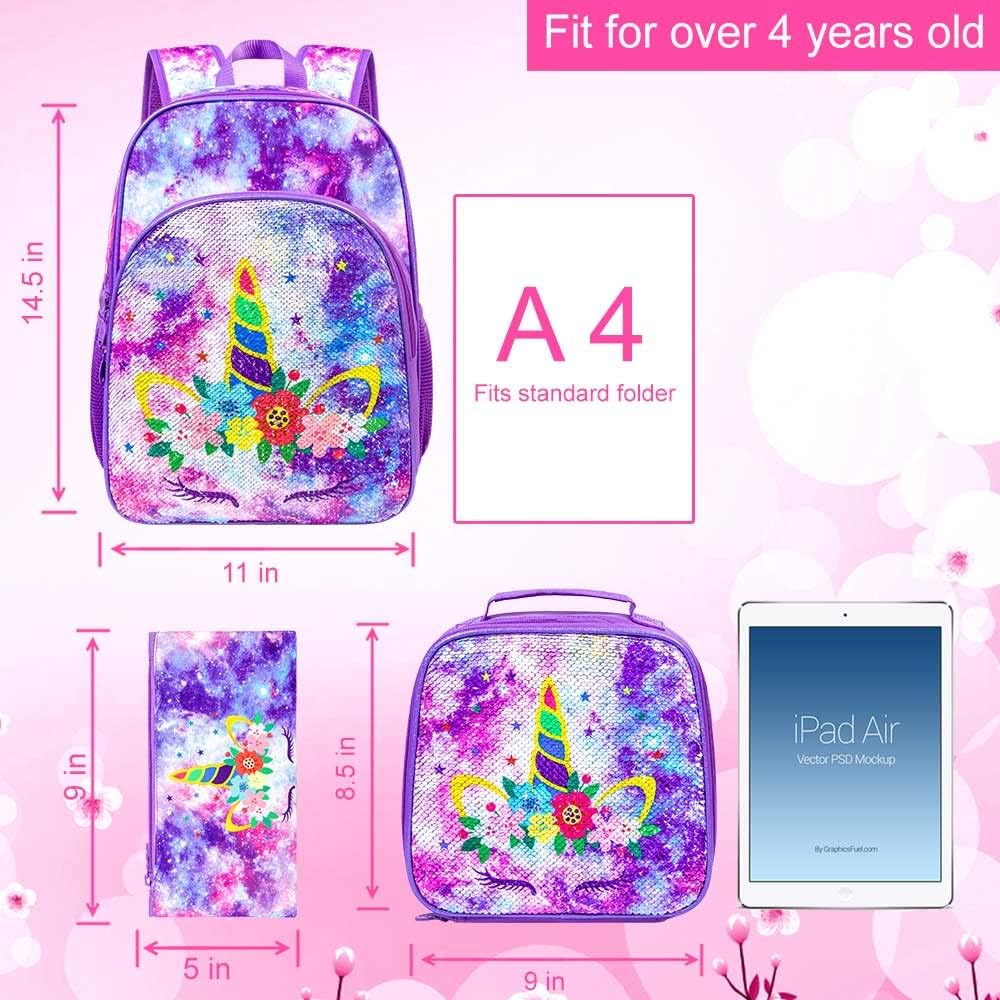 WZLVO Kids Backpack for Girls,Prechool Elementary Kindergarten School Bookbag and Lunch Box