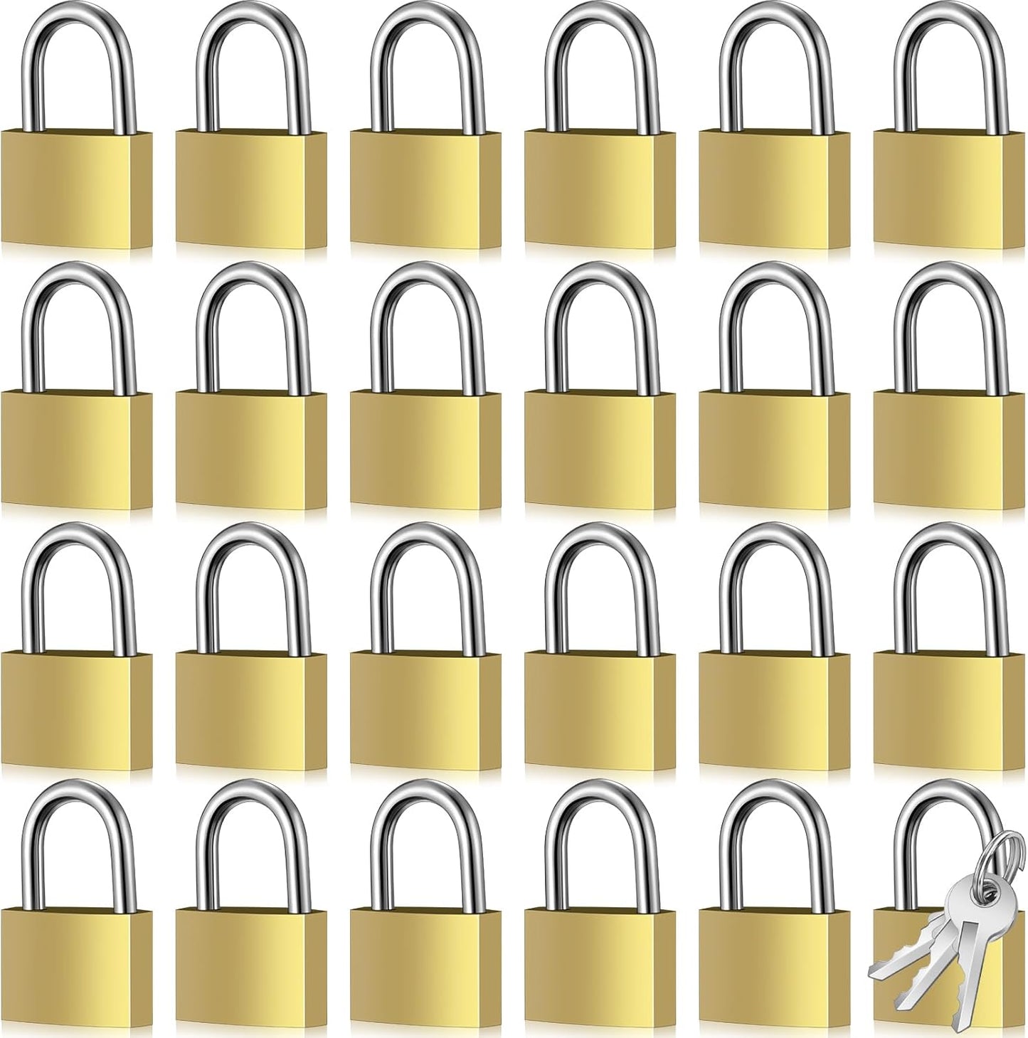 24 Pcs Solid Brass Keyed Padlock, Small Yellow Gym Lock, Strong Padlock with Same Key for Luggage Toolbox (25mm)