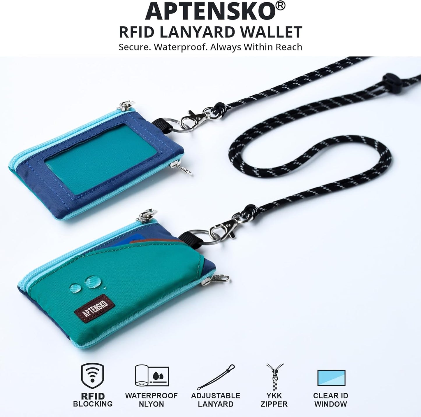 RFID Travel Wallet with Adjustable Lanyard-Zipper Small Wallet with ID Card Holder, Keychain for women&men-Minimalist Slim Waterproof Nylon case for ID, Cash, Key (Turquoise+Navy)
