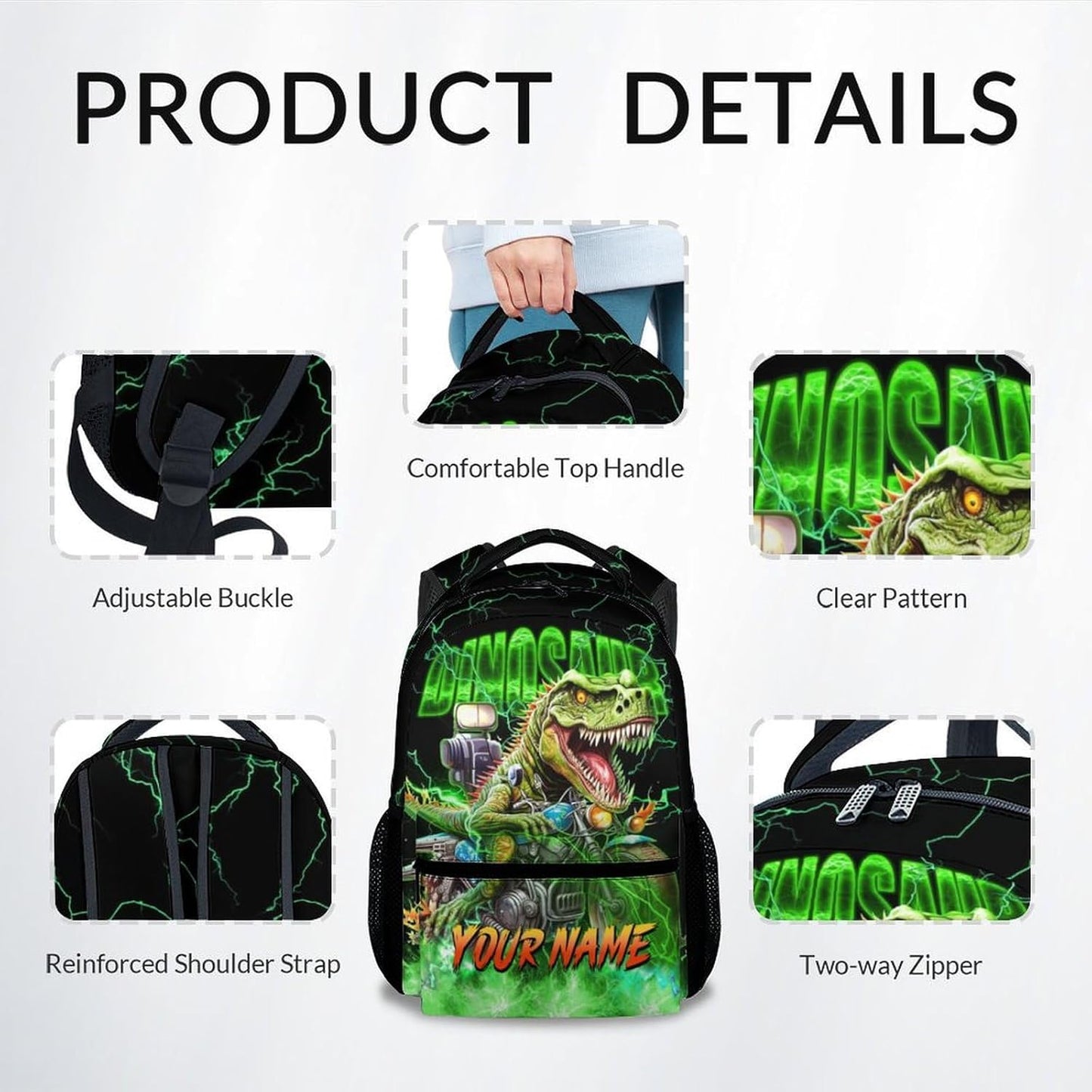 Personalized Boys Backpack, Dinosaur Backpacks for Kids, 17 Inch Custom Toddler School Bag with Name, Motorcycle Bookbags for Elementary