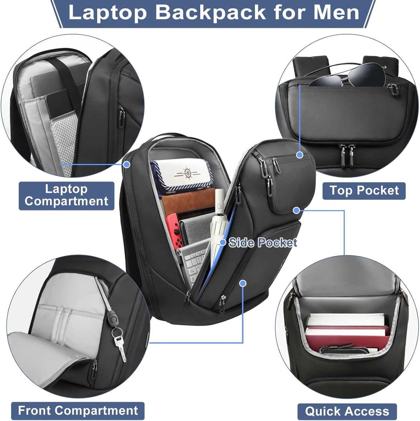 hk Business Smart Backpack for Men Anti-Theft for 17.3 Inch Laptop with USB Charging Port Water-Resistant Large Durable Compact 30L for Travel College Work-Deep Black