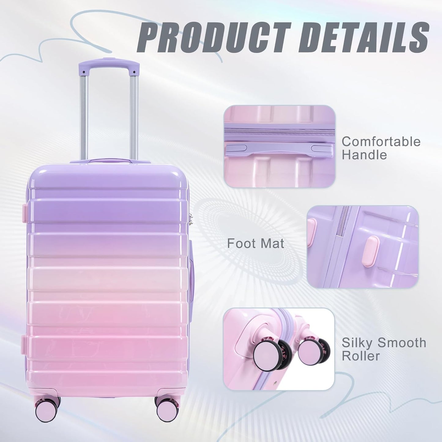 Campfun 3 Piece Luggage Sets, PC Gradient Color Suitcase Set with Double Spinner Wheels Hang Hook, Durable Carry On Luggage with Combination Lock, 20/24/28 inch, Purple+Pink