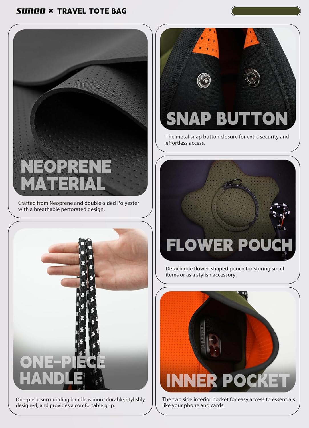 Neoprene Beach Bag for Women, Large Travel Tote Gym & Pool Bag, Detachable Pouch