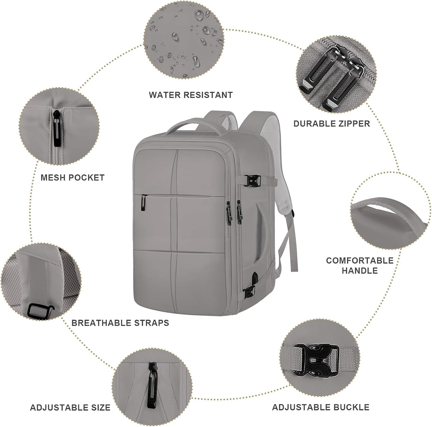 Carry On Backpack, Travel Backpack Flight Approved with USB Charging Port, 55L Expandable Weekender Daypack Overnight Fits 18.4 Inch Laptops Suitcase Bag, Grey