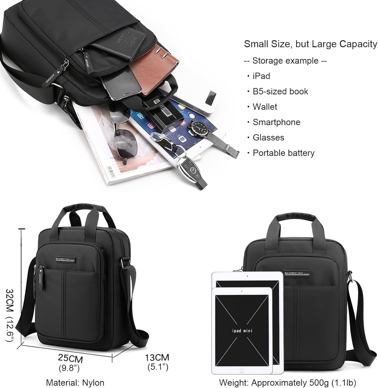 Men's Shoulder Bag Nylon Crossbody Bag Waterproof Casual Black Messenger Bag for Work Travel, Black