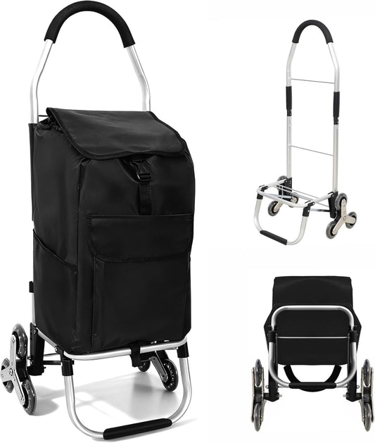 Heavy Duty Foldable Shopping Trolley with Stainless Steel Triangular Wheels Oxford Waterproof Cart Removable Bag for Groceries Laundry Travel (Black-6 Wheels)