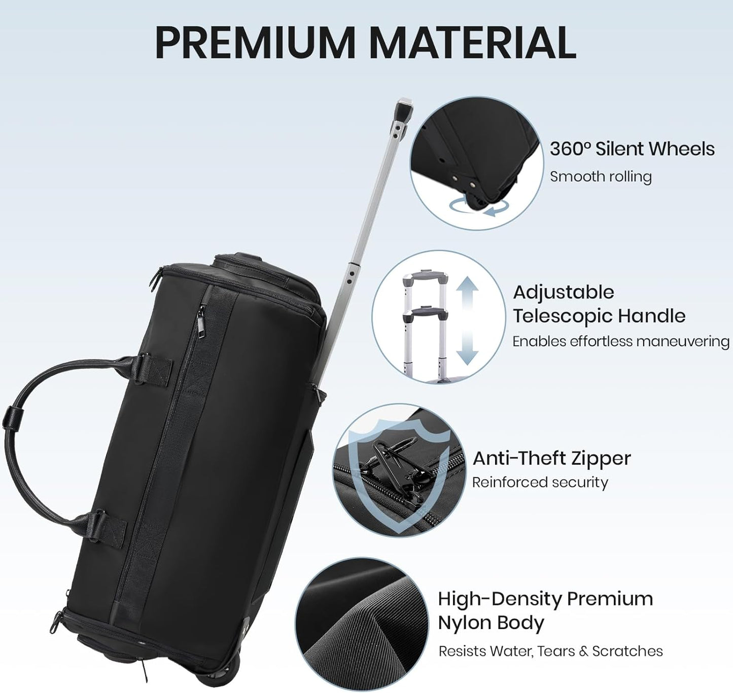 Fanwoli Carry-On Rolling Garment Bag for Travel, 3-in-1 Wheeled Luggage with Shoe Storage & Detachable Organizer, Convertible Duffel Bag for Men Women Business Trips Weekender, Wrinkle-Free (Black)