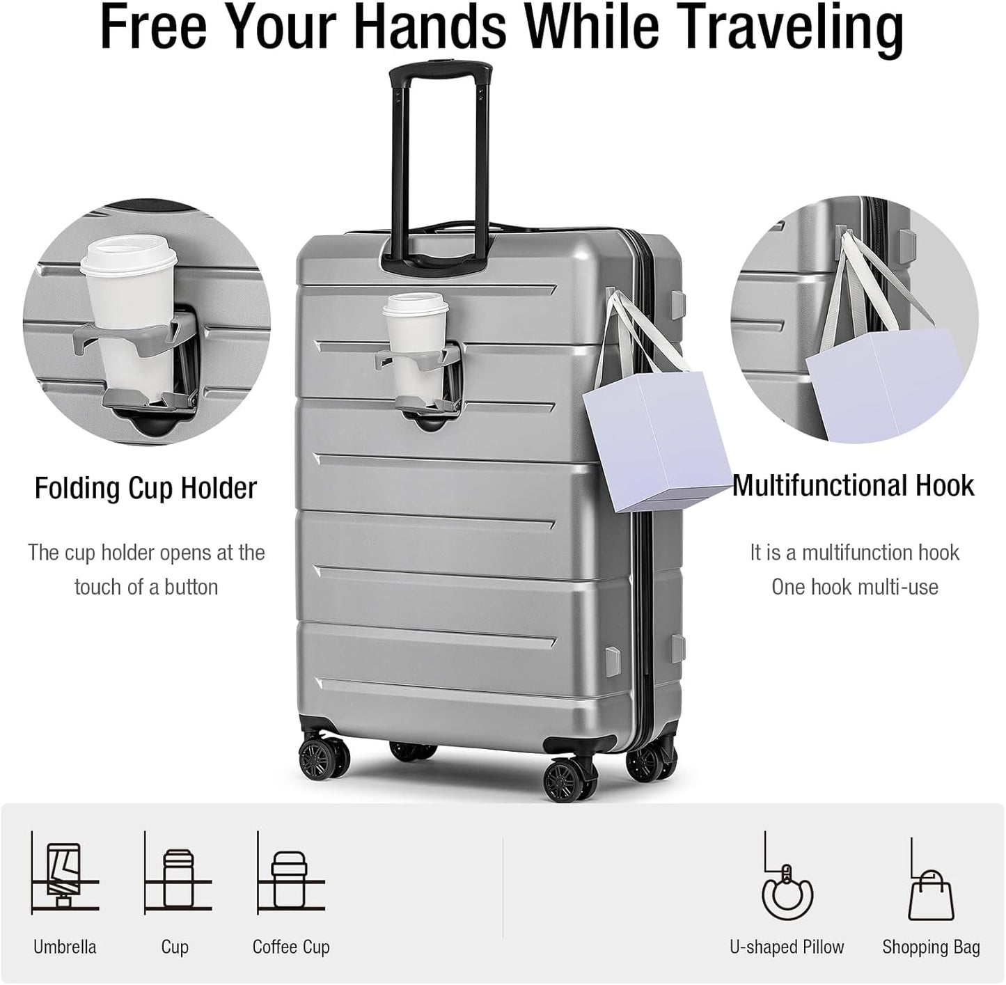 KYME Luggage Sets 3 Piece Hard Shell 22in/26in/30in Suitcases with Wheels Hardside Suitcase Set with TSA Lock Travel Rolling Luggage Set for Women Men Silver Grey
