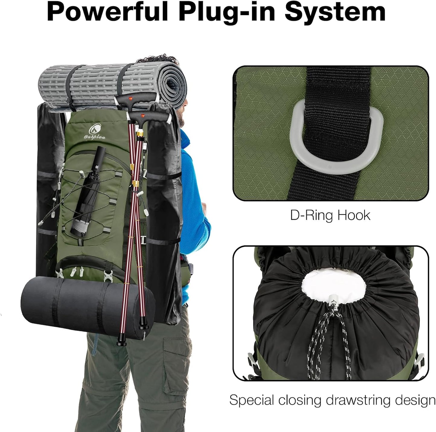60L Waterproof Backpacking Hiking Backpack with Rain Cover for Men Women, Large Camping Backpack, Green