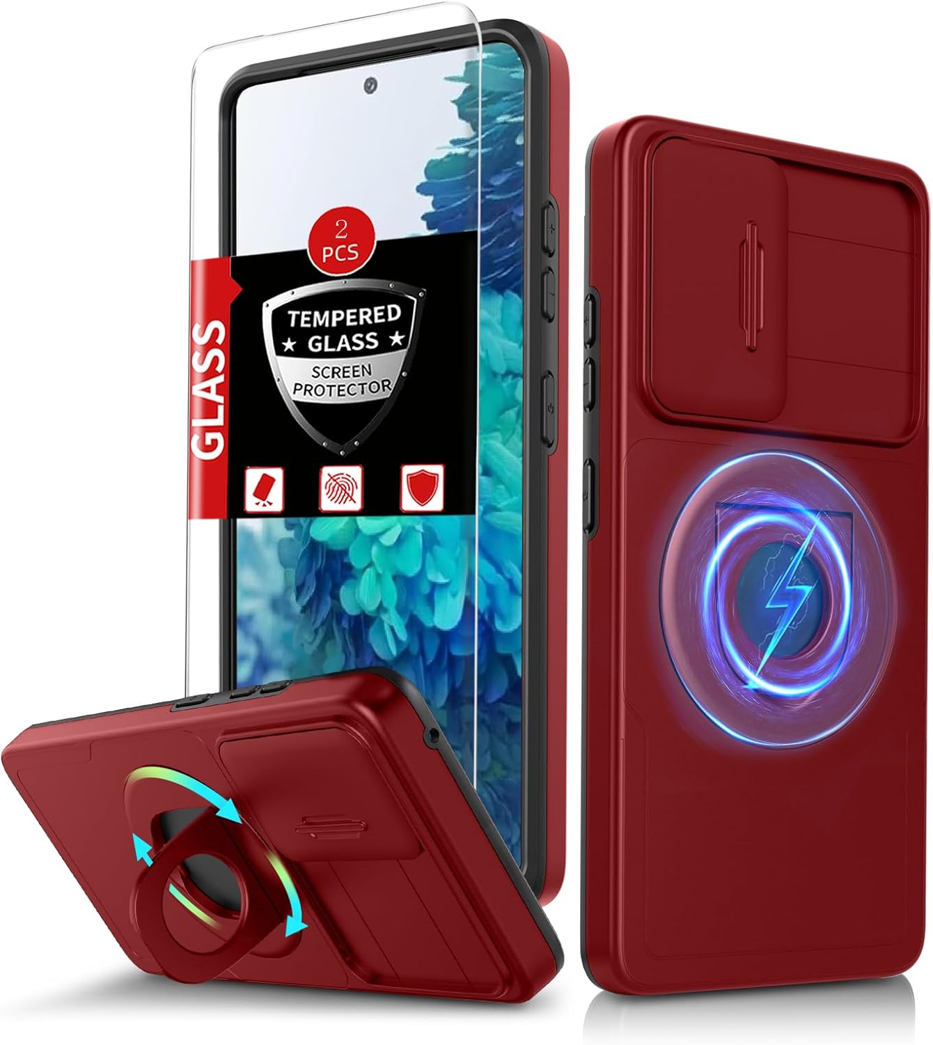 for Samsung Galaxy S20 FE Case Magnetic Compatible with MagSafe Wireless Charging,with 2 Screen Protectors,Built-in Stand Ring+Camera Cover Anti-Scratch Shockproof Heavy Duty Protection Red