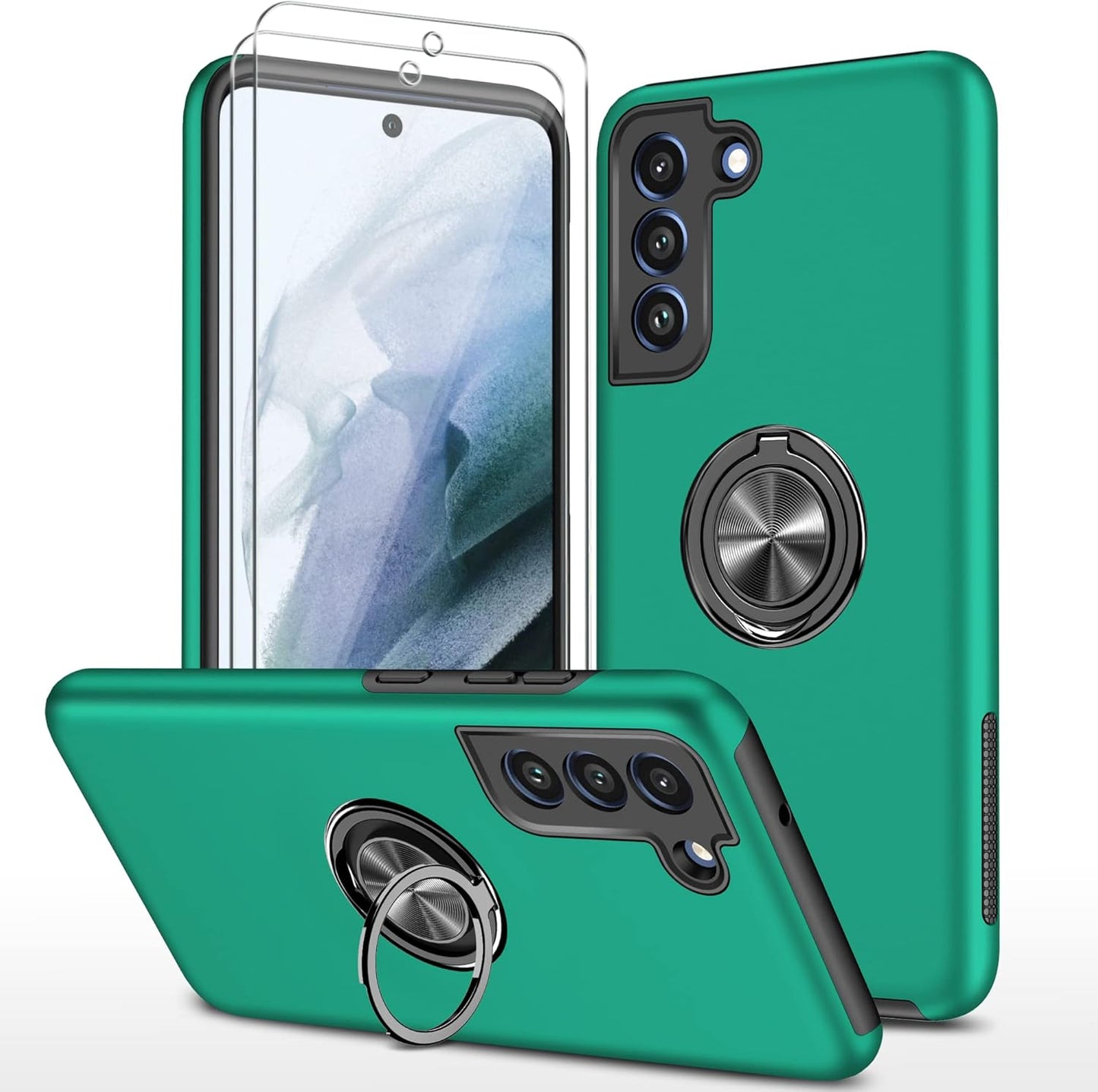 Galaxy S21 FE 5G Case with Nano Explosion-Proof Film - 2 Pack Military Grade Double Shockproof Invisible Kickstand Case (Dark Green)