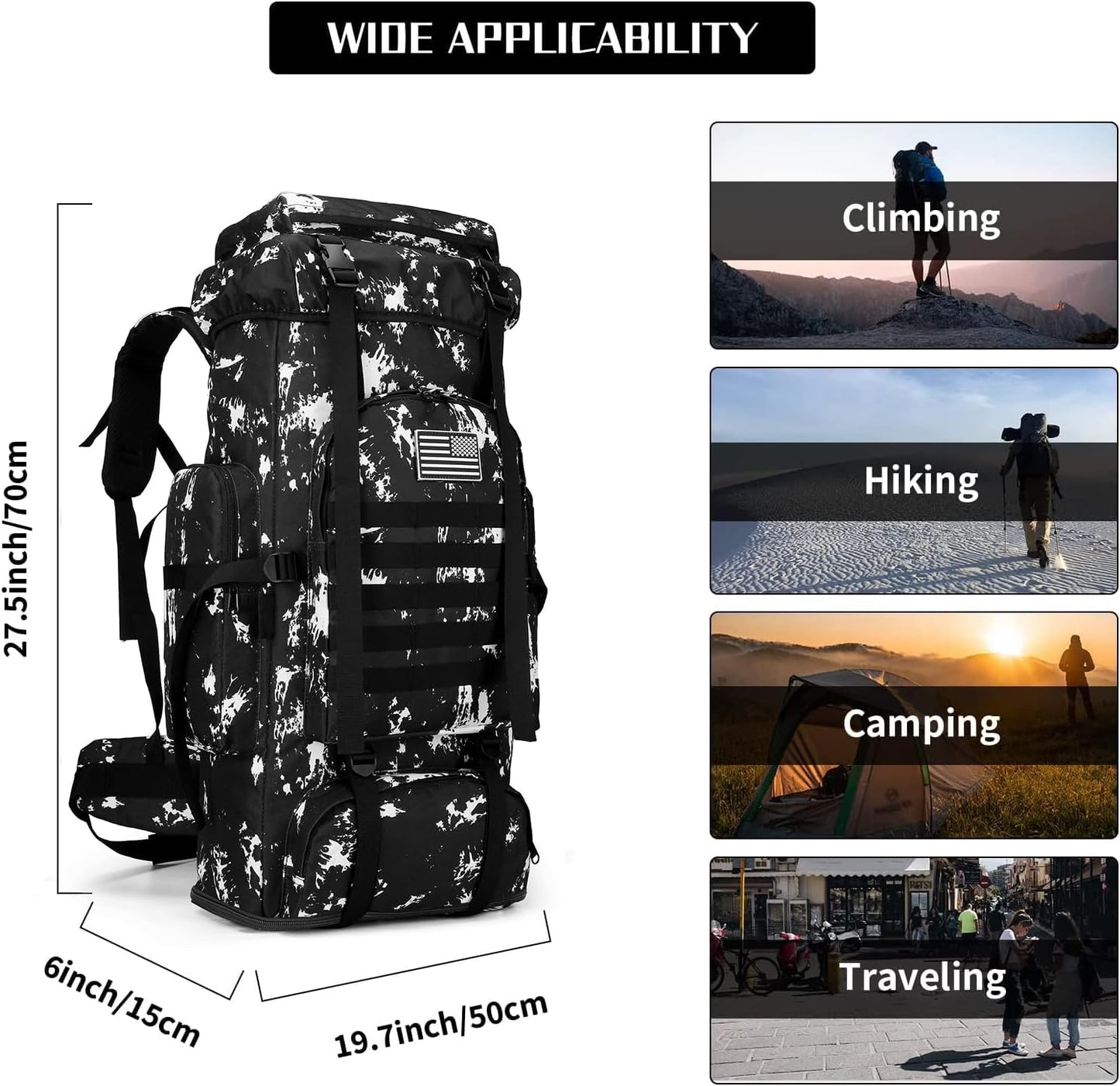 Hiking Backpack for Men 70L/100L Camping Backpack Military Rucksack Molle 3 Days Assault Pack for