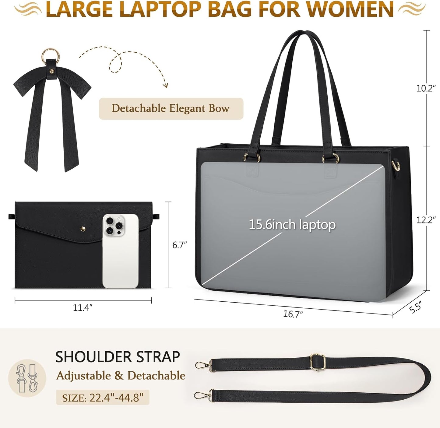 RAINSMORE Laptop Bag for Women 15.6 Inch Work Tote Bags Leather Laptop Tote Waterproof Computer Bag Professional Office Business Briefcase Large Handbag for College Teacher Travel, Black