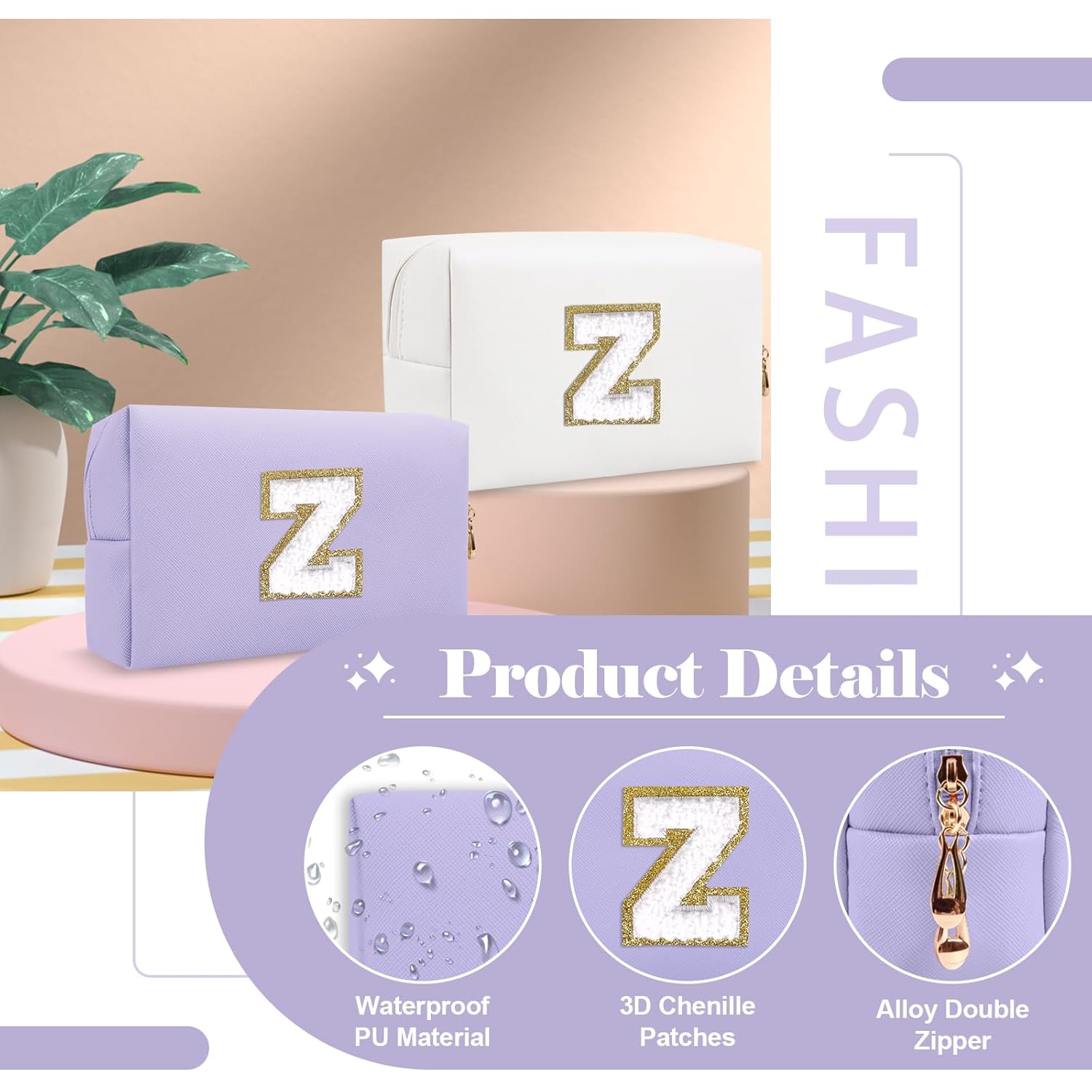Personalized Makeup Bag Initial A-Z Preppy Patch Bag,Small PU Leather Travel Cosmetic Bag Pouch