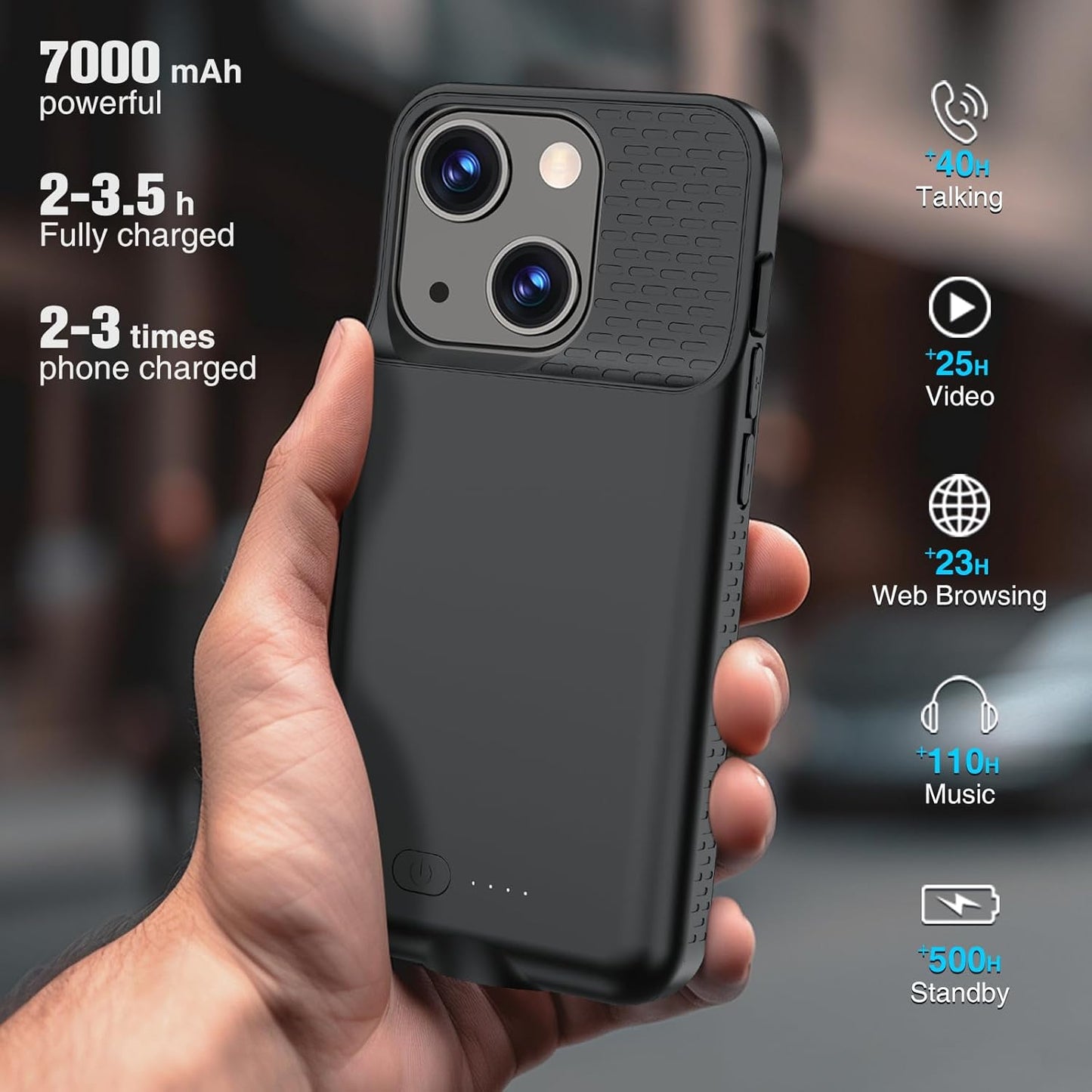 GIN FOXI Battery Case for iPhone 15/15 Pro, Fast Charging Case Charger Lightweight Ultra-Slim 7000mAh Rechargeable Juice Box Anti-Fall Premium TPU Anti-Slip Cover for iPhone 15&15 Pro Black