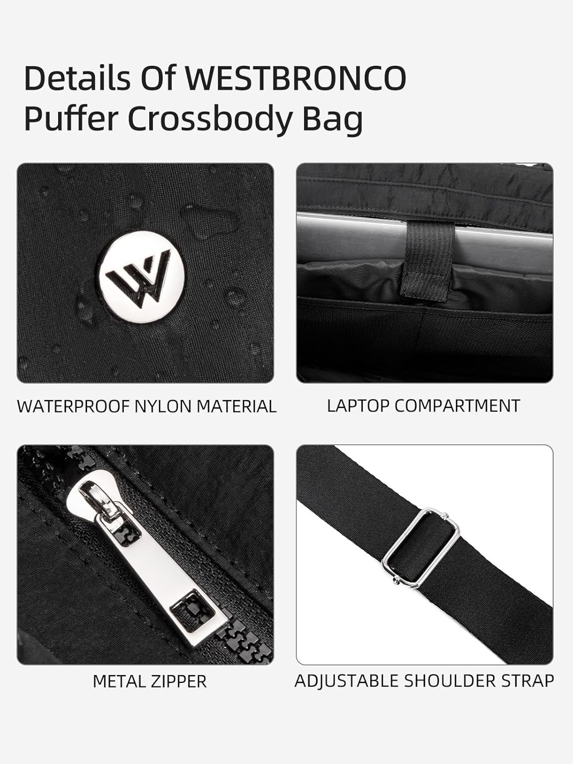 WESTBRONCO Puffer Crossbody bags for Women Puffy Quilted Tote Handbags Nylon Weekender Overnight Bag with Adjustable Strap