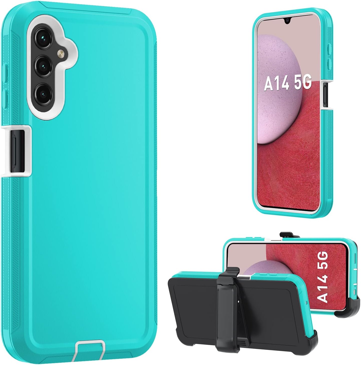 Cellular Phone Case for Samsung Galaxy A14 5G, Heavy Duty Protective, Military Grade, Shockproof, Dust-Proof, Teal/White