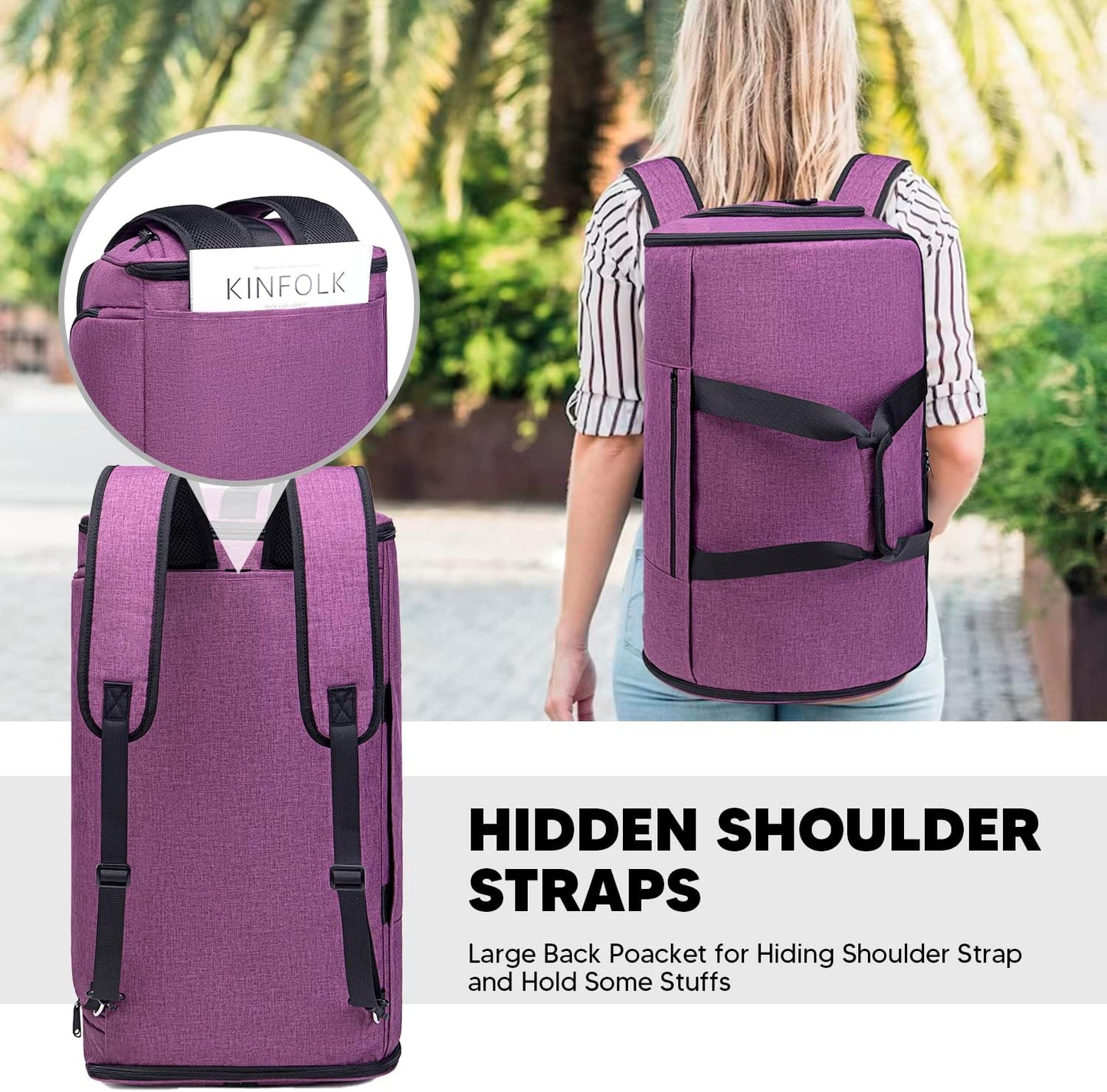 Convertible Garment Bag with Shoulder Strap, 58L capacity Garment Duffle Bags for Travel 4 in 1 Foldable Carry on Garment Bags Suit Bag with Shoes Compartment Garment Bag for Men Women,Purple